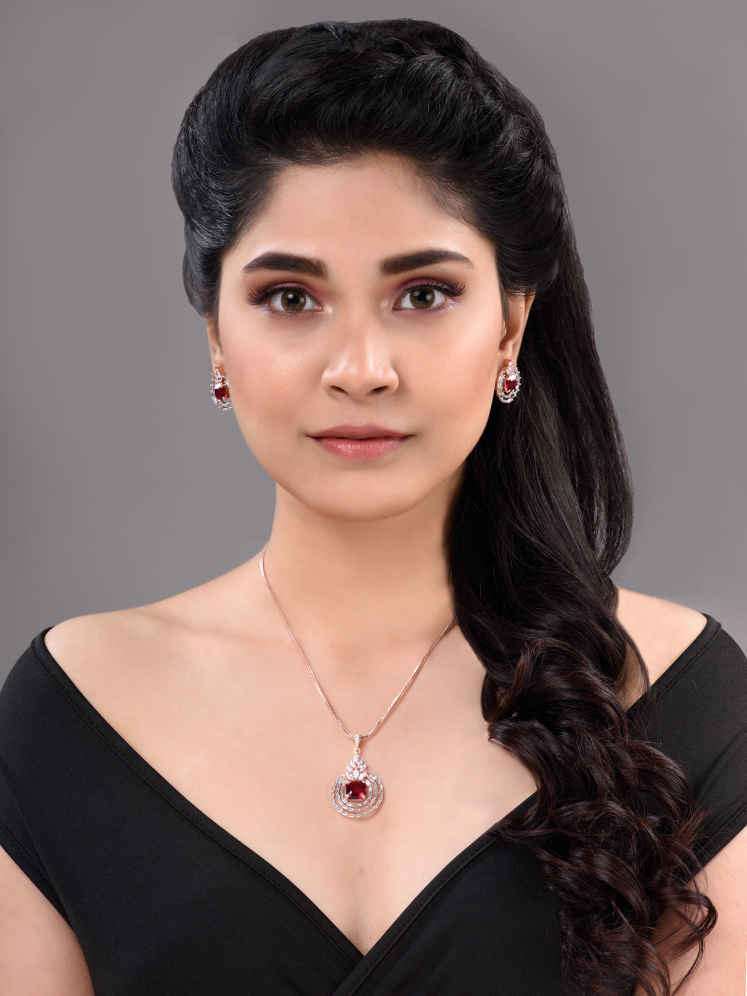 Rose Gold Plated Pink Ruby Studded Circle Pendant Locket Set Earrings and Chain, zaveri pearls, sale price rs, sale price, sale gold plated, sale gold, sale, rubans, ring, regular price, priy