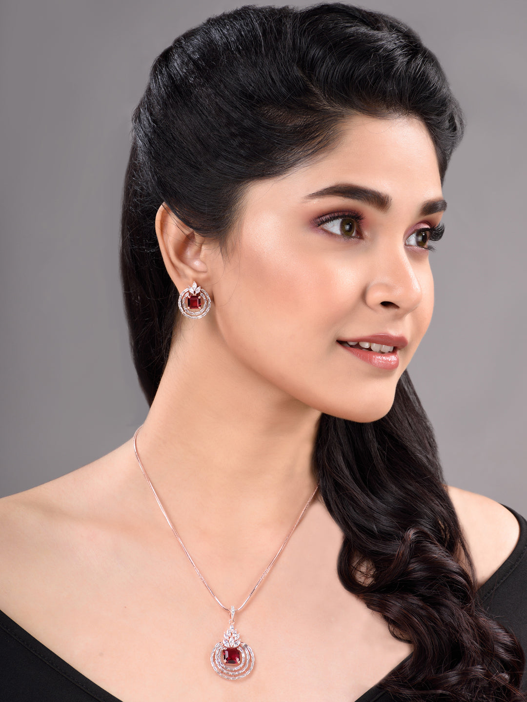 Rose Gold Plated Pink Ruby Studded Circle Pendant Locket Set Earrings and Chain, zaveri pearls, sale price rs, sale price, sale gold plated, sale gold, sale, rubans, ring, regular price, priy