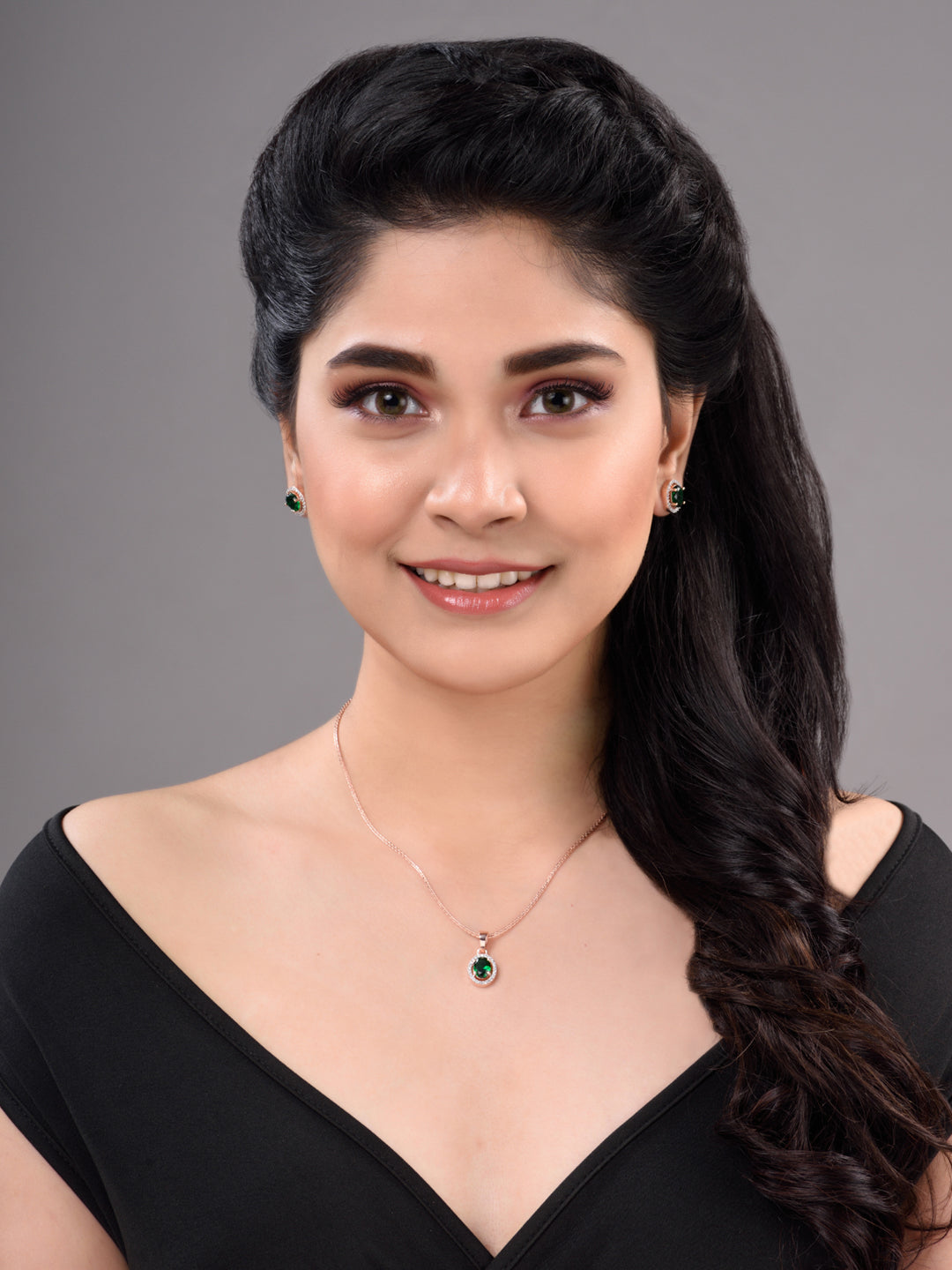 Rose Gold Plated Emarald Green AD Solitaire pendant Locket Set Earrings and Chain, zaveri pearls, sale price rs, sale price, sale gold plated, sale gold, sale, rubans, ring, regular price, pr