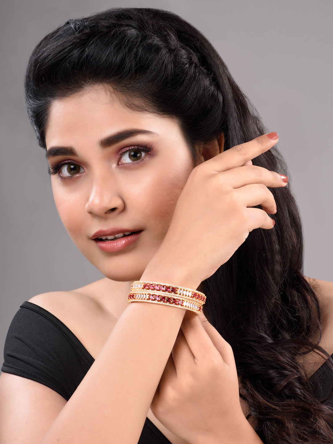 Set Of 2 Red Gold Plated Handmade Red &White AD Studded Bridal Kangan Bangles, zaveri pearls, sale price rs, sale price, sale gold plated, sale gold, sale, rubans, ring, regular price, priyas