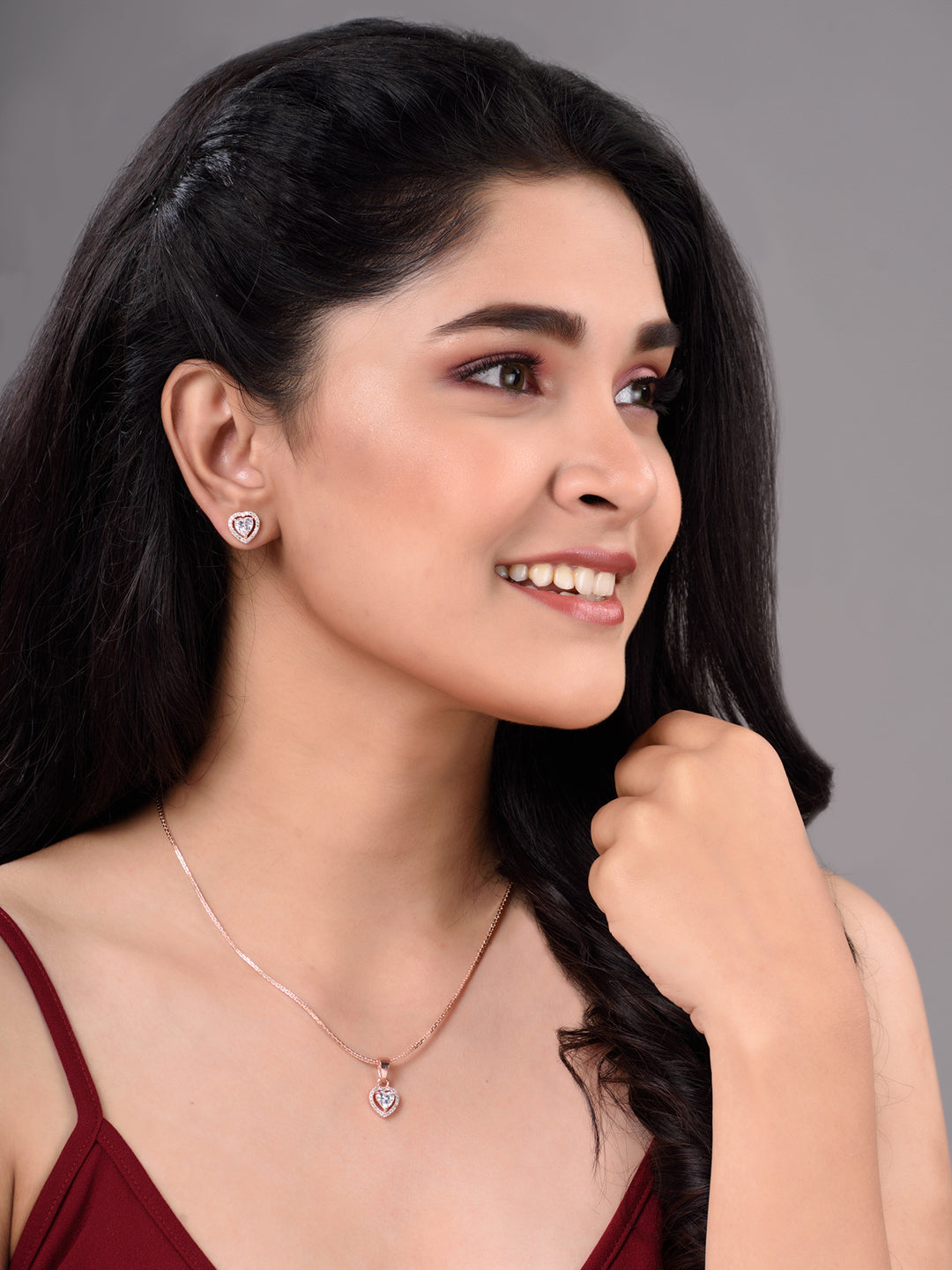 Rose Gold Plated White AD Studded Heart Shaped Pendant Chain and Earrings, zaveri pearls, sale price rs, sale price, sale gold plated, sale gold, sale, rubans, ring, regular price, priyassi j