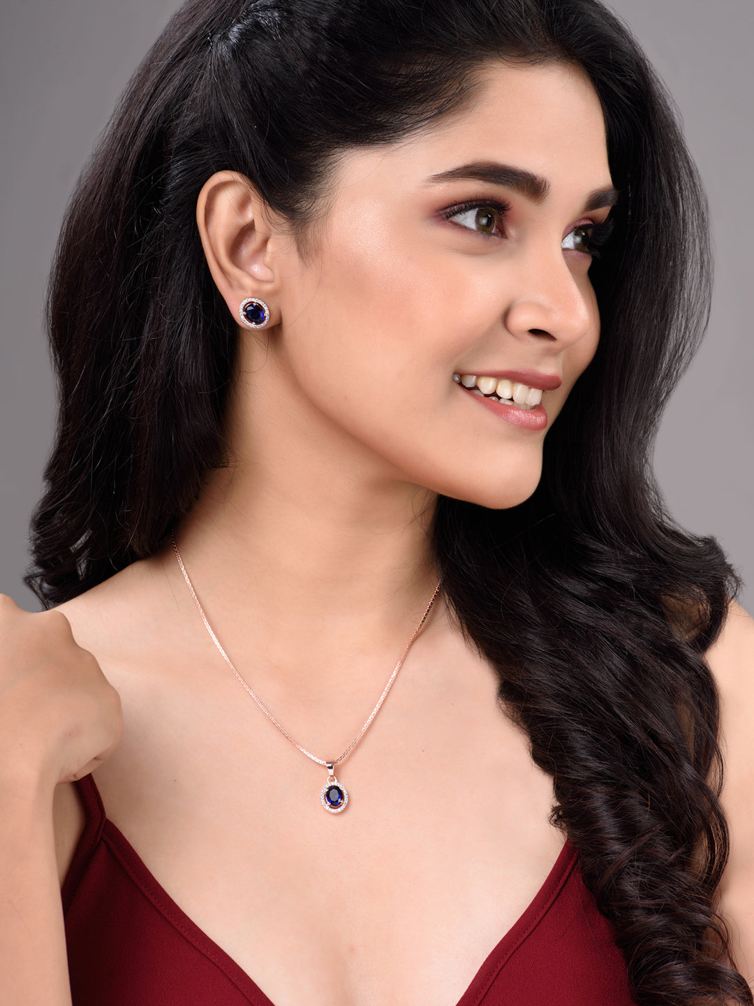 Rose Gold Plated Blue AD Solitaire pendant Locket Set Earrings and Chain, zaveri pearls, sale price rs, sale price, sale gold plated, sale gold, sale, rubans, ring, regular price, priyassi je