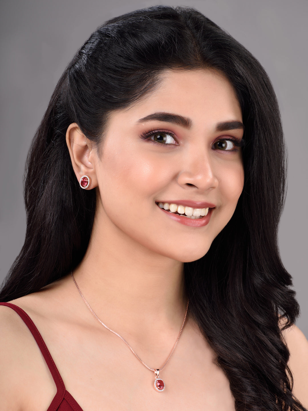 Rose Gold Plated Radiant Red AD Solitaire pendant Locket Set Earrings and Chain, zaveri pearls, sale price rs, sale price, sale gold plated, sale gold, sale, rubans, ring, regular price, priy