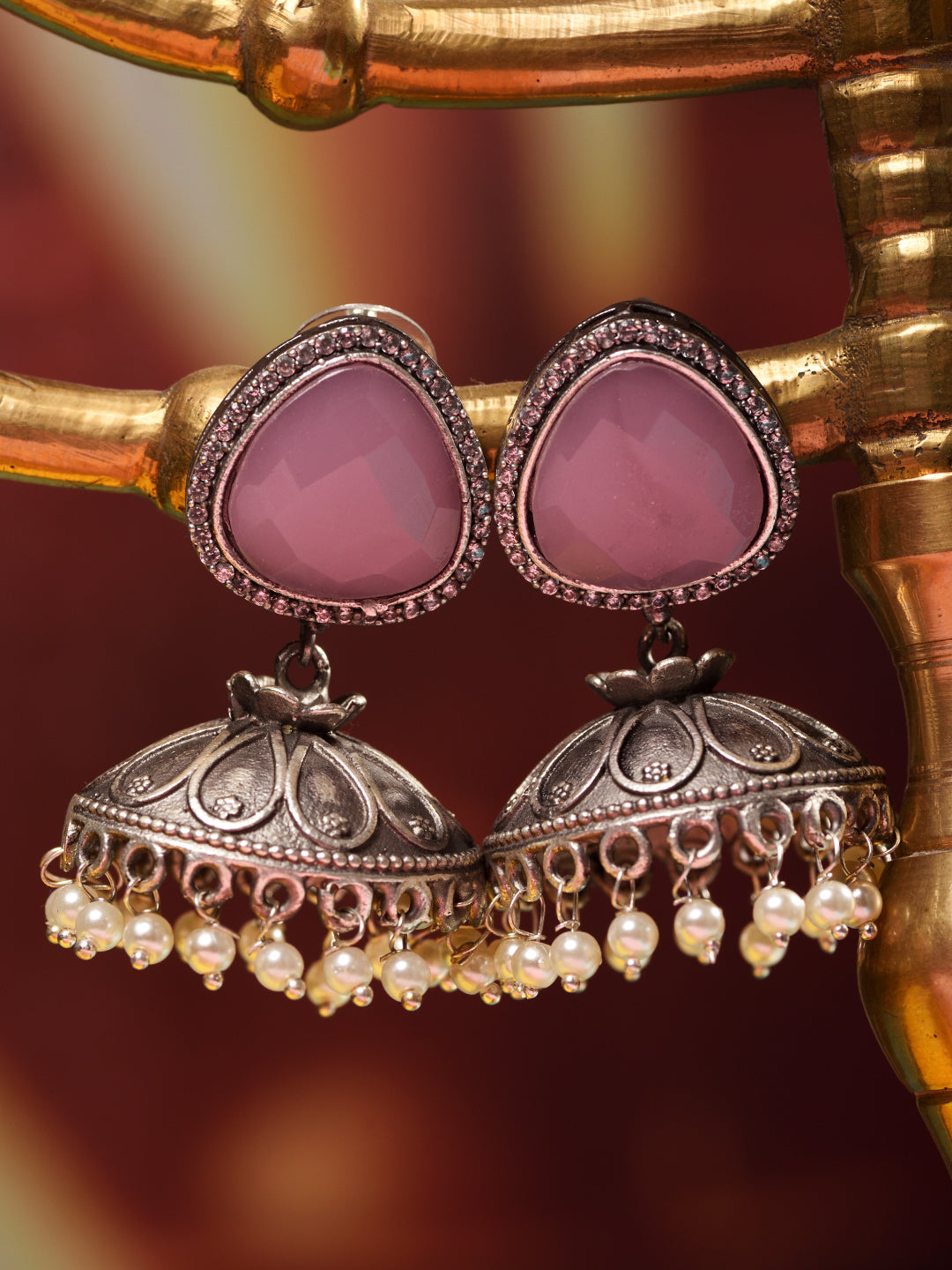 Silver Oxidised Pink Stone & Pearl Jhumka Earrings, zaveri pearls, sale price rs, sale price, sale gold plated, sale gold, sale, rubans, ring, regular price, priyassi jewellery, kushal's - Sa