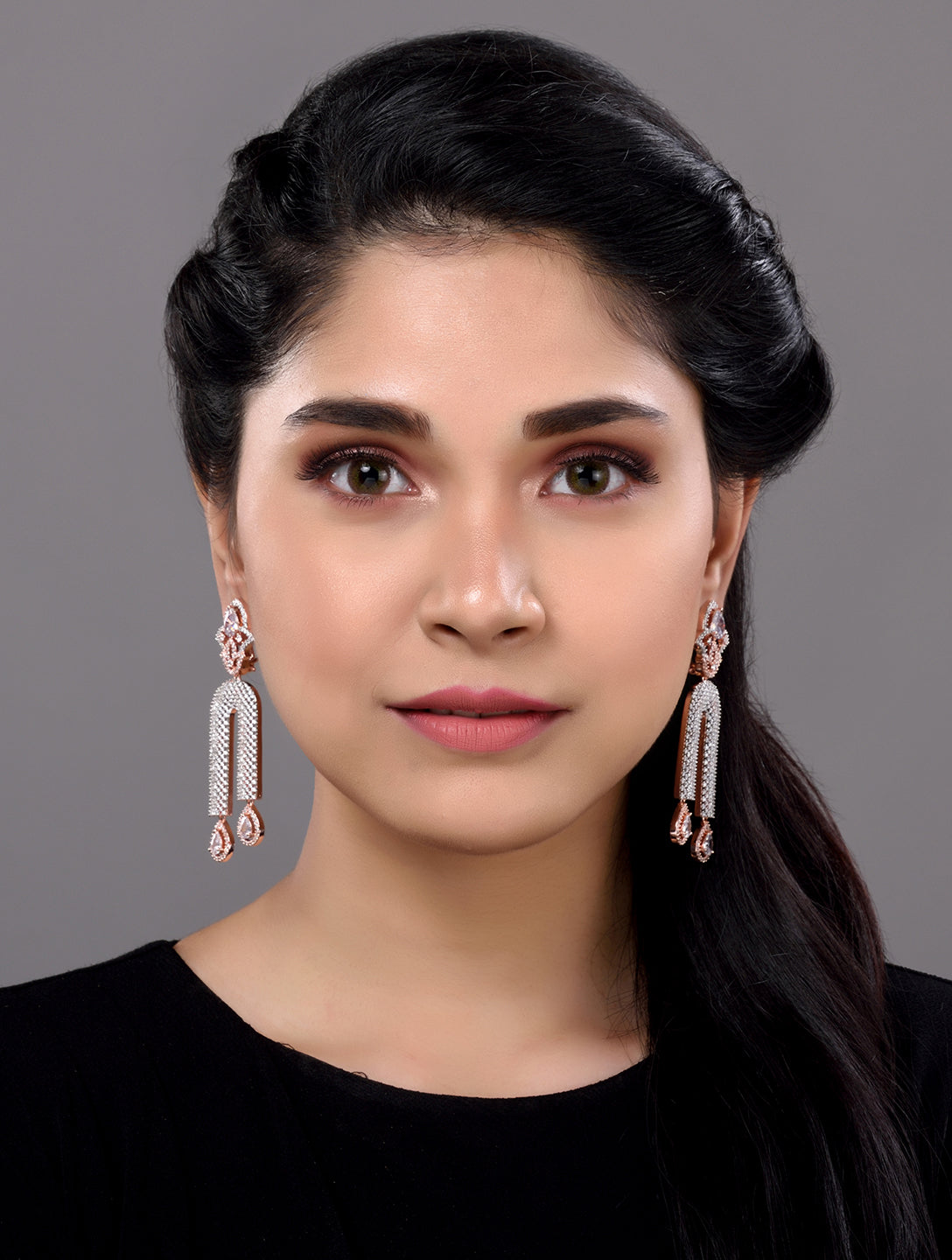 Rose Gold Plated White AD stdded Long Designer Dropdown Earrings, zaveri pearls, sale price rs, sale price, sale gold plated, sale gold, sale, rubans, ring, regular price, priyassi jewellery,