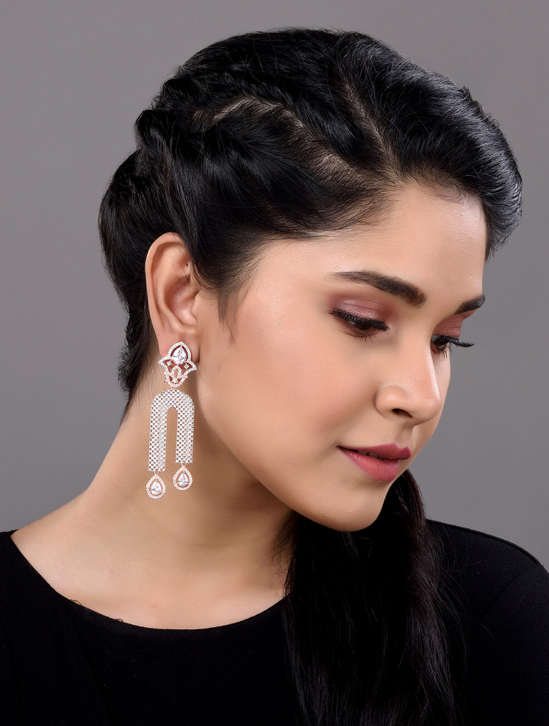 Rose Gold Plated White AD stdded Long Designer Dropdown Earrings, zaveri pearls, sale price rs, sale price, sale gold plated, sale gold, sale, rubans, ring, regular price, priyassi jewellery,