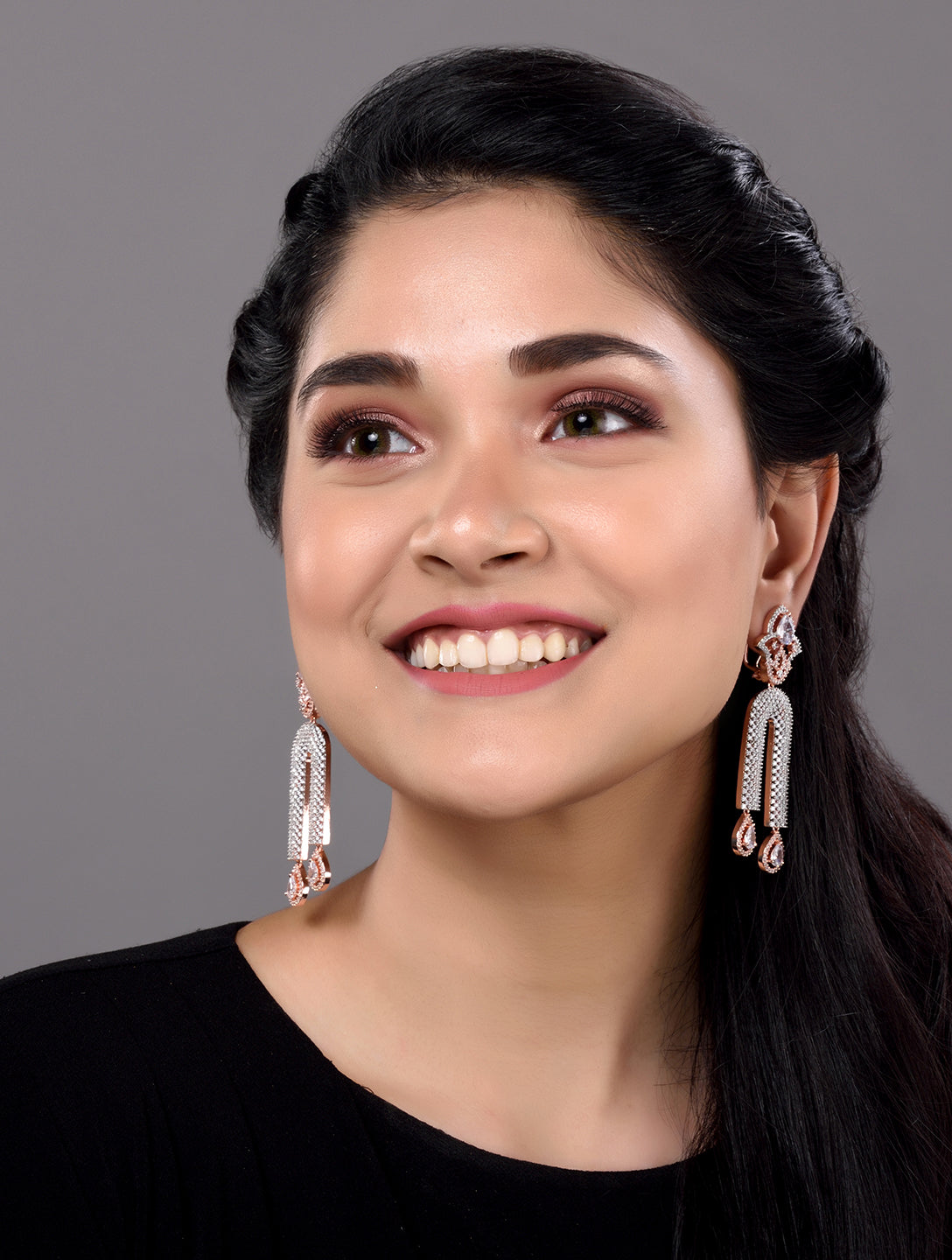 Rose Gold Plated White AD stdded Long Designer Dropdown Earrings, zaveri pearls, sale price rs, sale price, sale gold plated, sale gold, sale, rubans, ring, regular price, priyassi jewellery,