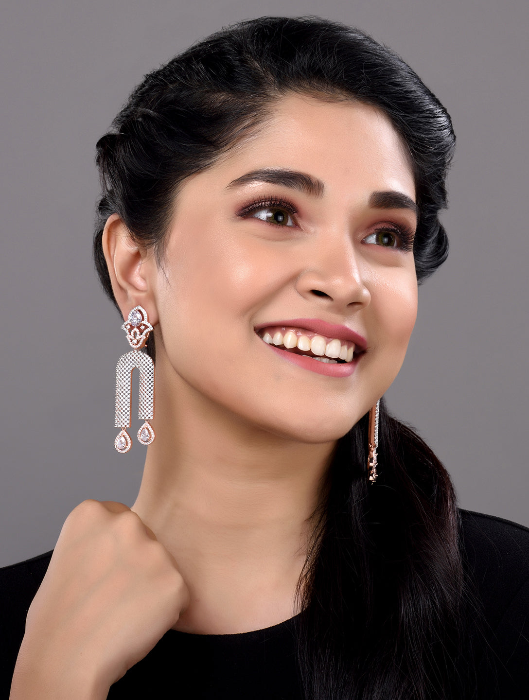Rose Gold Plated White AD stdded Long Designer Dropdown Earrings, zaveri pearls, sale price rs, sale price, sale gold plated, sale gold, sale, rubans, ring, regular price, priyassi jewellery,
