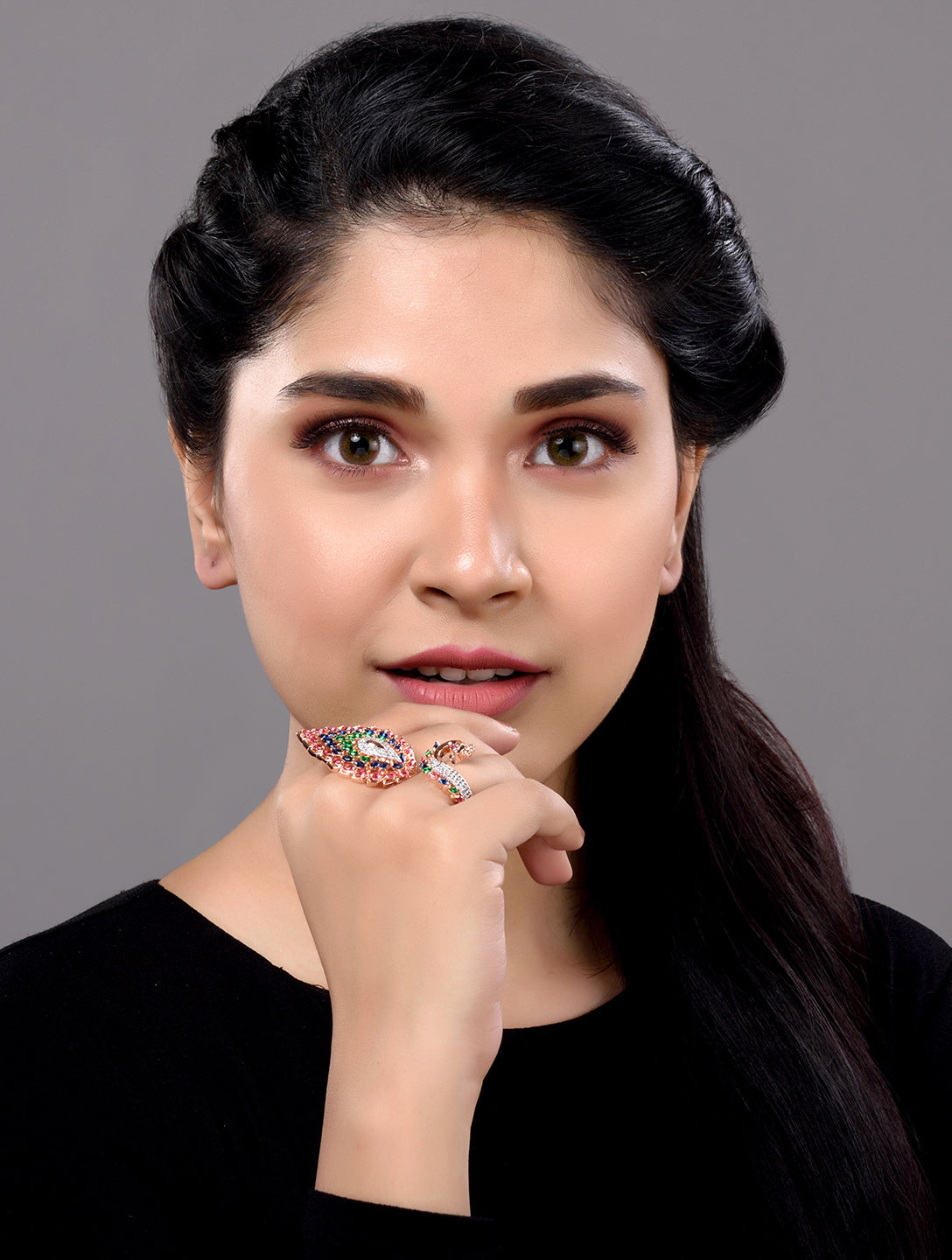 Rose Gold Plated Multi AD studded Peacock Designer Finger Ring, zaveri pearls, sale price rs, sale price, sale gold plated, sale gold, sale, rubans, ring, regular price, priyassi jewellery, k