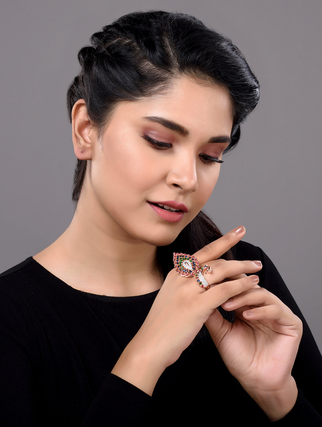 Rose Gold Plated Multi AD studded Peacock Designer Finger Ring, zaveri pearls, sale price rs, sale price, sale gold plated, sale gold, sale, rubans, ring, regular price, priyassi jewellery, k