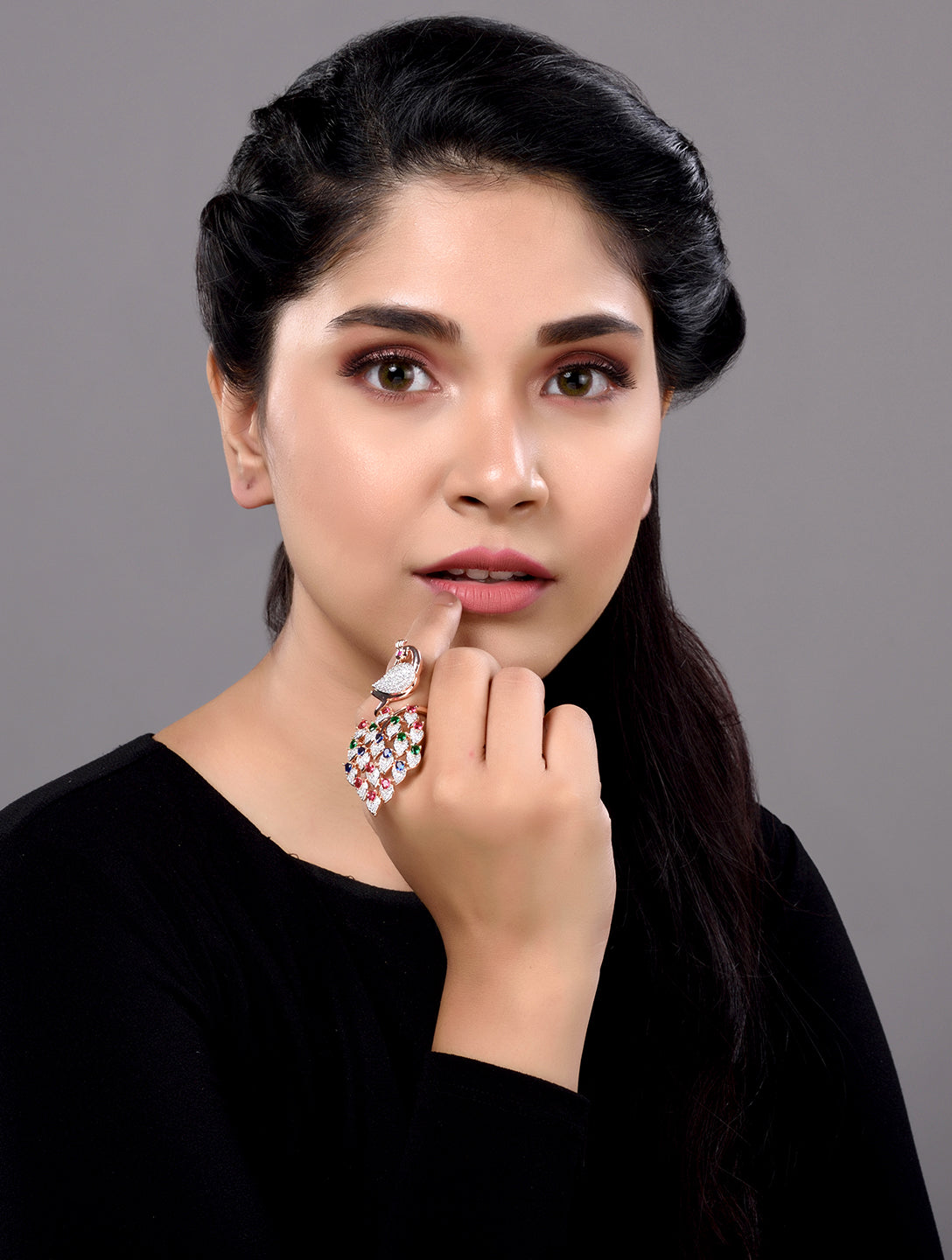 Rose Gold Plated Multi AD studded Peacock Handcrafted Finger Ring, zaveri pearls, sale price rs, sale price, sale gold plated, sale gold, sale, rubans, ring, regular price, priyassi jewellery