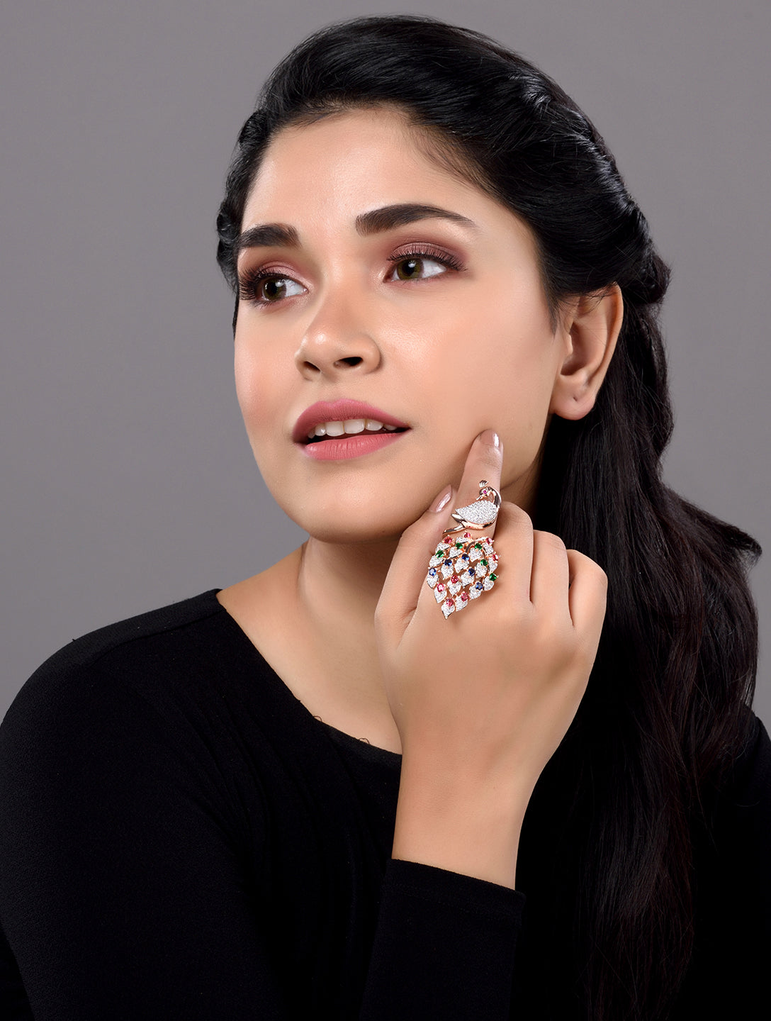 Rose Gold Plated Multi AD studded Peacock Handcrafted Finger Ring, zaveri pearls, sale price rs, sale price, sale gold plated, sale gold, sale, rubans, ring, regular price, priyassi jewellery