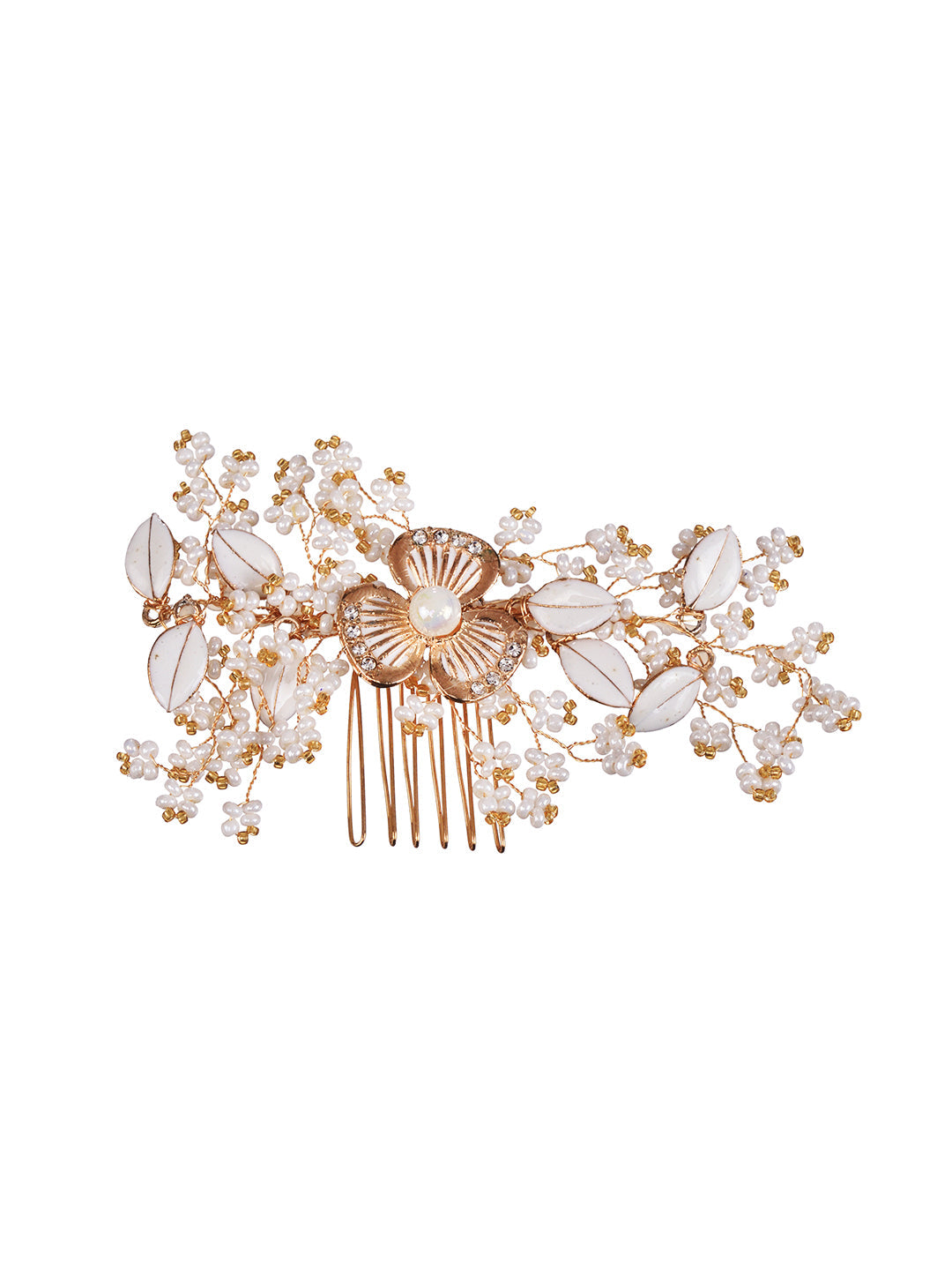 White & Gold Toned Enamelled Pearl Beaded Bridal Comb Pin, zaveri pearls, sale price rs, sale price, sale gold plated, sale gold, sale, rubans, ring, regular price, priyassi jewellery, kushal