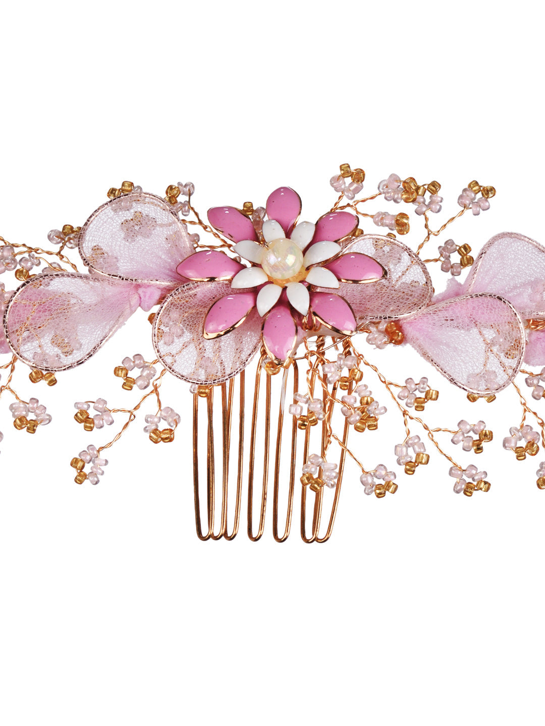 Gold Toned Pink Flower Embellished Bridal Hair Accessory, zaveri pearls, sale price rs, sale price, sale gold plated, sale gold, sale, rubans, ring, regular price, priyassi jewellery, kushal'