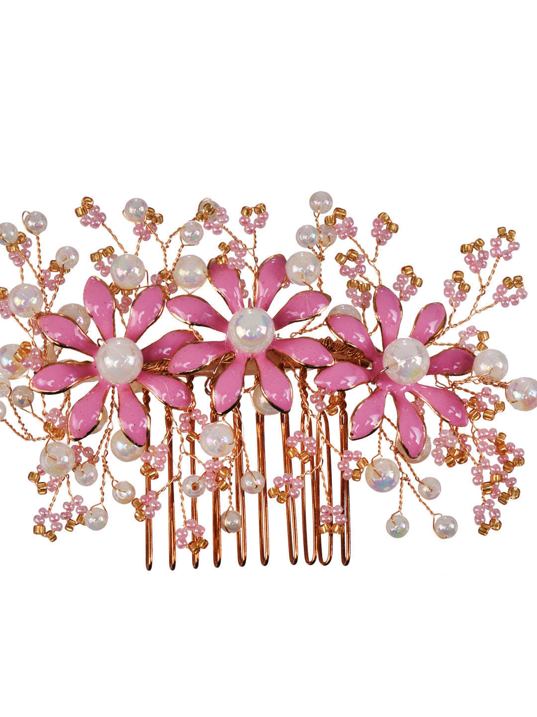 Gold toned Pink Enamelled Flower Tiara Comb Pin, zaveri pearls, sale price rs, sale price, sale gold plated, sale gold, sale, rubans, ring, regular price, priyassi jewellery, kushal's - Saraf