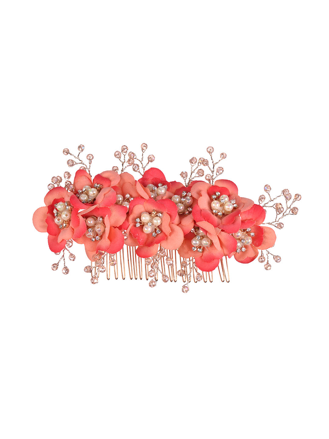 Peach Flowers Pearls & Crystal Embellished Bridal Hair Tiara, zaveri pearls, sale price rs, sale price, sale gold plated, sale gold, sale, rubans, ring, regular price, priyassi jewellery, kus