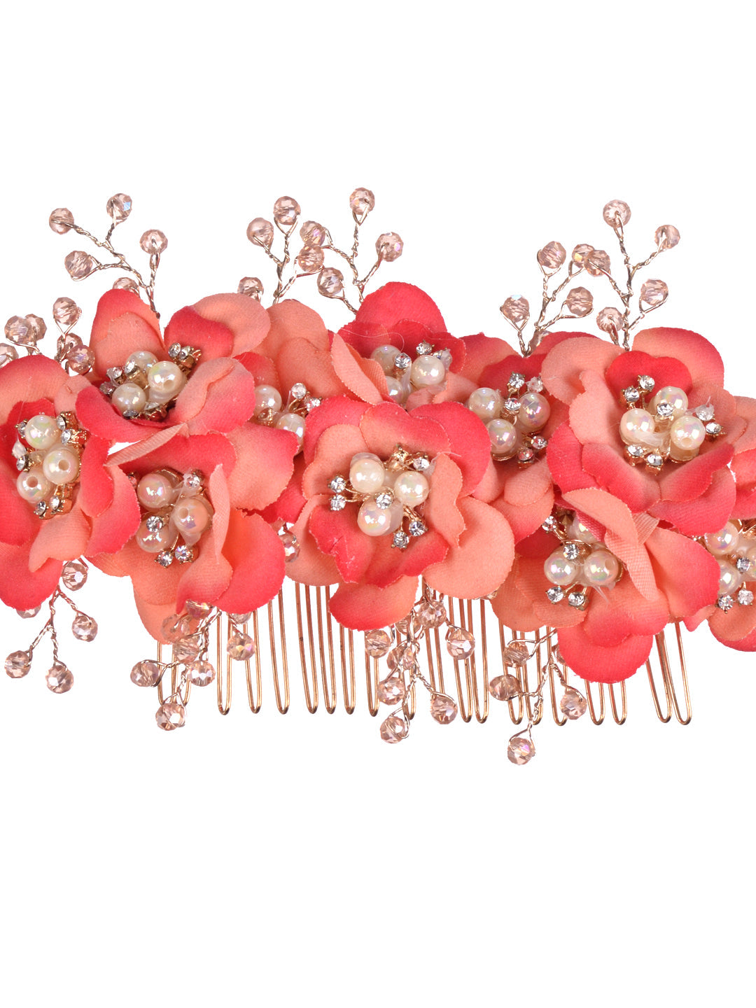 Peach Flowers Pearls & Crystal Embellished Bridal Hair Tiara, zaveri pearls, sale price rs, sale price, sale gold plated, sale gold, sale, rubans, ring, regular price, priyassi jewellery, kus