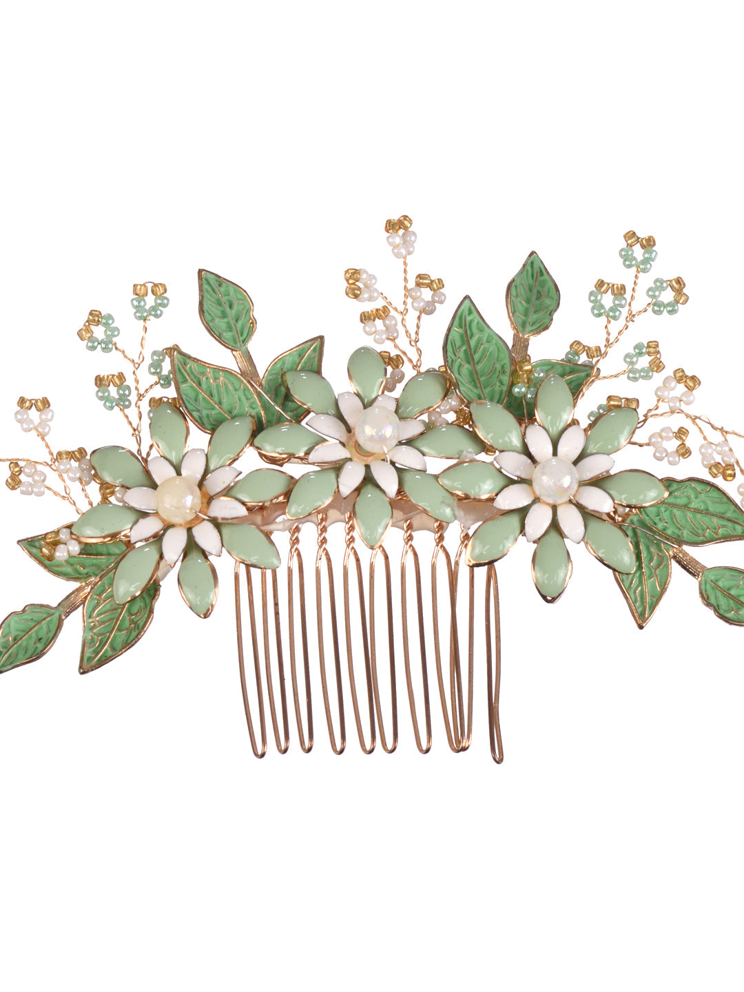Green Gold Toned Enamelled Pearl Embellished Comb Pin, zaveri pearls, sale price rs, sale price, sale gold plated, sale gold, sale, rubans, ring, regular price, priyassi jewellery, kushal's -