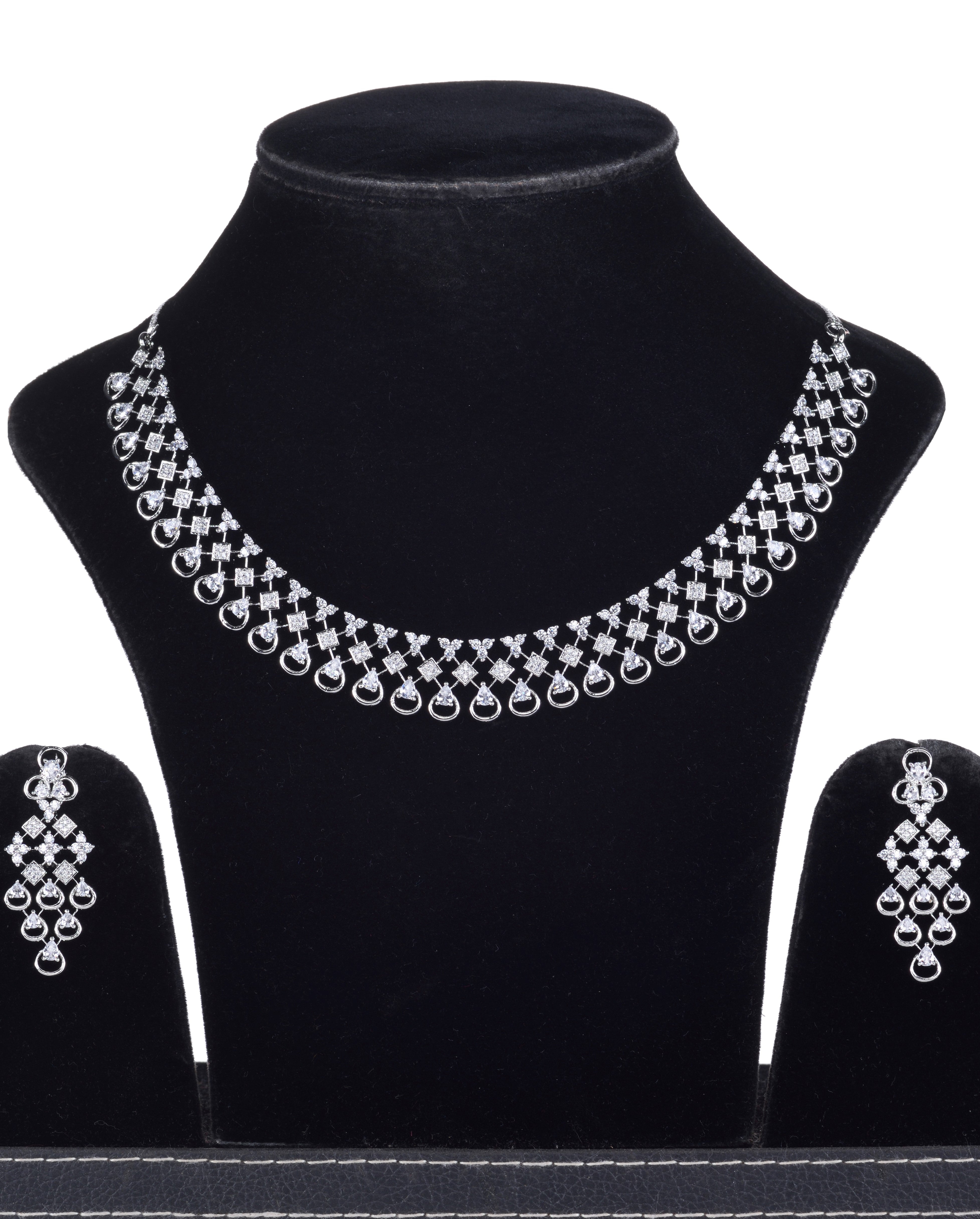 White Rhodium plated Unique Design AD studded Necklace Earrings Girls, zaveri pearls, sale price rs, sale price, sale gold plated, sale gold, sale, rubans, ring, regular price, priyassi jewel