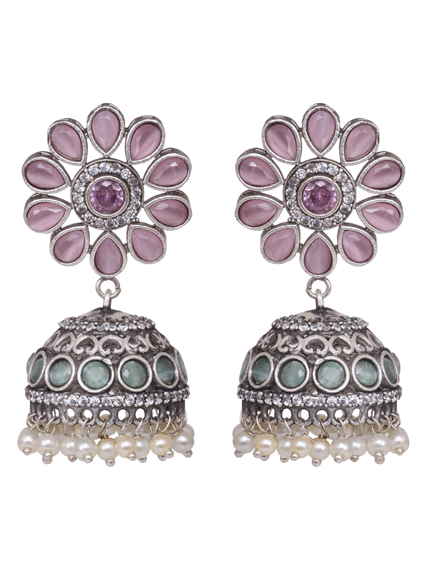 Oxidised Siver Pink Stone Studded Dome Jhumka Earrings, zaveri pearls, sale price rs, sale price, sale gold plated, sale gold, sale, rubans, ring, regular price, priyassi jewellery, kushal's 