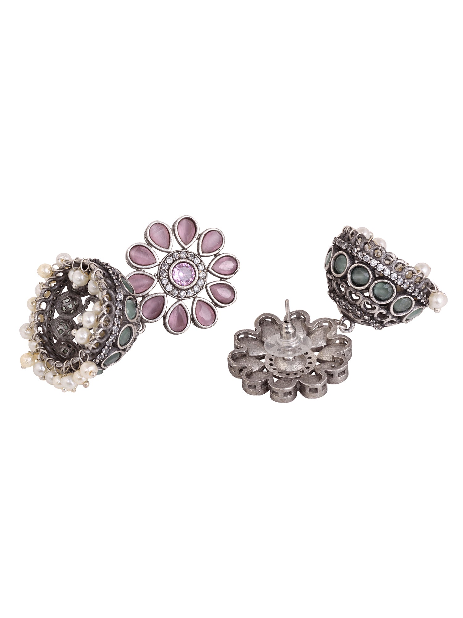 Oxidised Siver Pink Stone Studded Dome Jhumka Earrings, zaveri pearls, sale price rs, sale price, sale gold plated, sale gold, sale, rubans, ring, regular price, priyassi jewellery, kushal's 