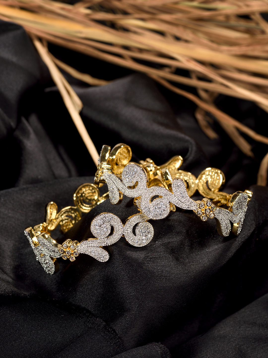 Set Of 2 Dua Toned Gold Plated Whitee AD Studded Handcrafted Leafy Design Bangles, zaveri pearls, sale price rs, sale price, sale gold plated, sale gold, sale, rubans, ring, regular price, pr