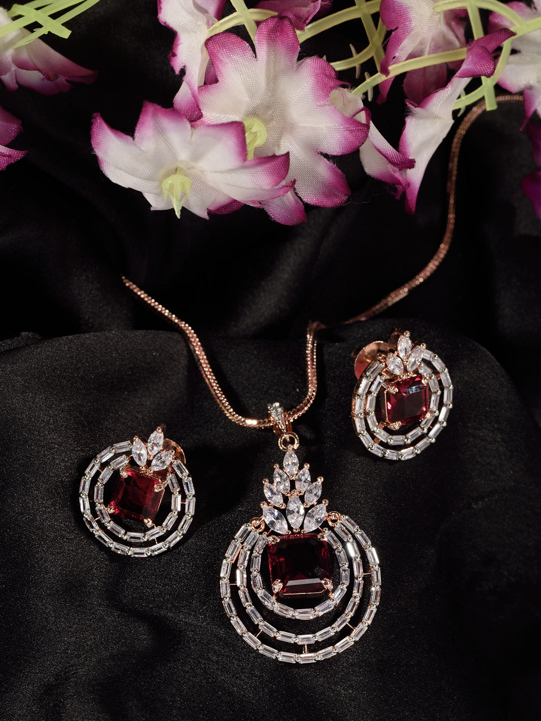 Rose Gold Plated Pink Ruby Studded Circle Pendant Locket Set Earrings and Chain, zaveri pearls, sale price rs, sale price, sale gold plated, sale gold, sale, rubans, ring, regular price, priy