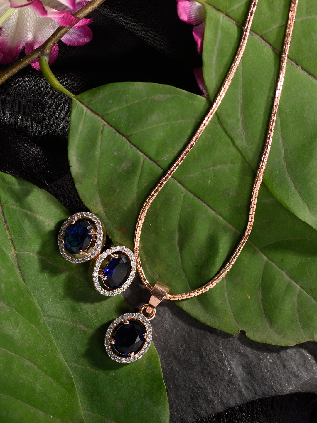 Rose Gold Plated Blue AD Solitaire pendant Locket Set Earrings and Chain, zaveri pearls, sale price rs, sale price, sale gold plated, sale gold, sale, rubans, ring, regular price, priyassi je