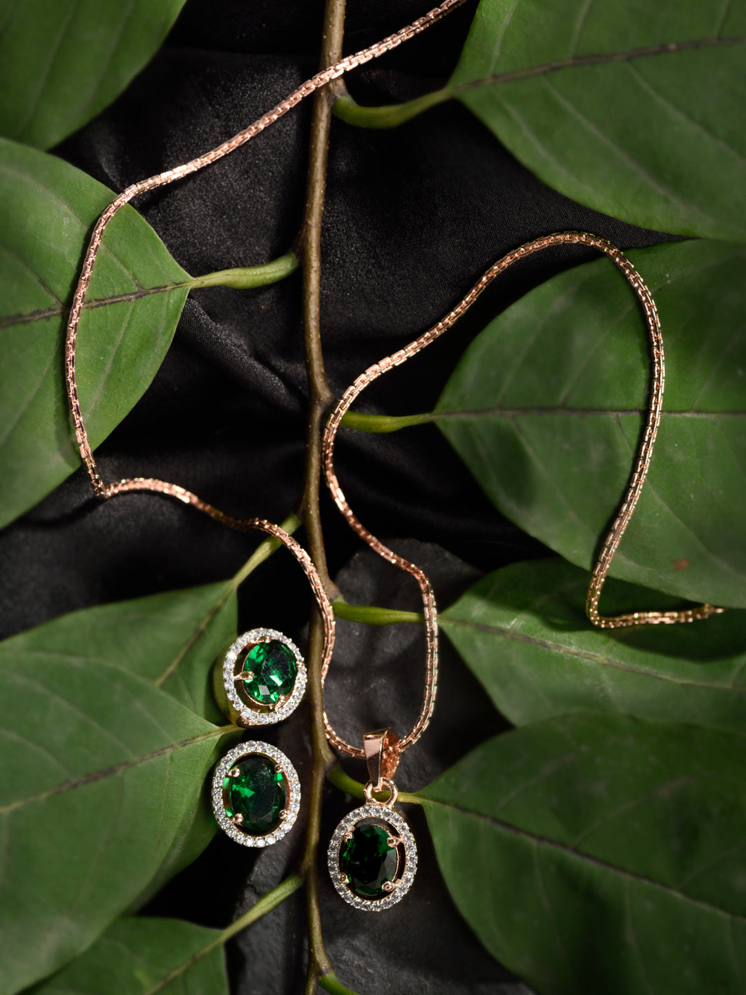 Rose Gold Plated Emarald Green AD Solitaire pendant Locket Set Earrings and Chain, zaveri pearls, sale price rs, sale price, sale gold plated, sale gold, sale, rubans, ring, regular price, pr