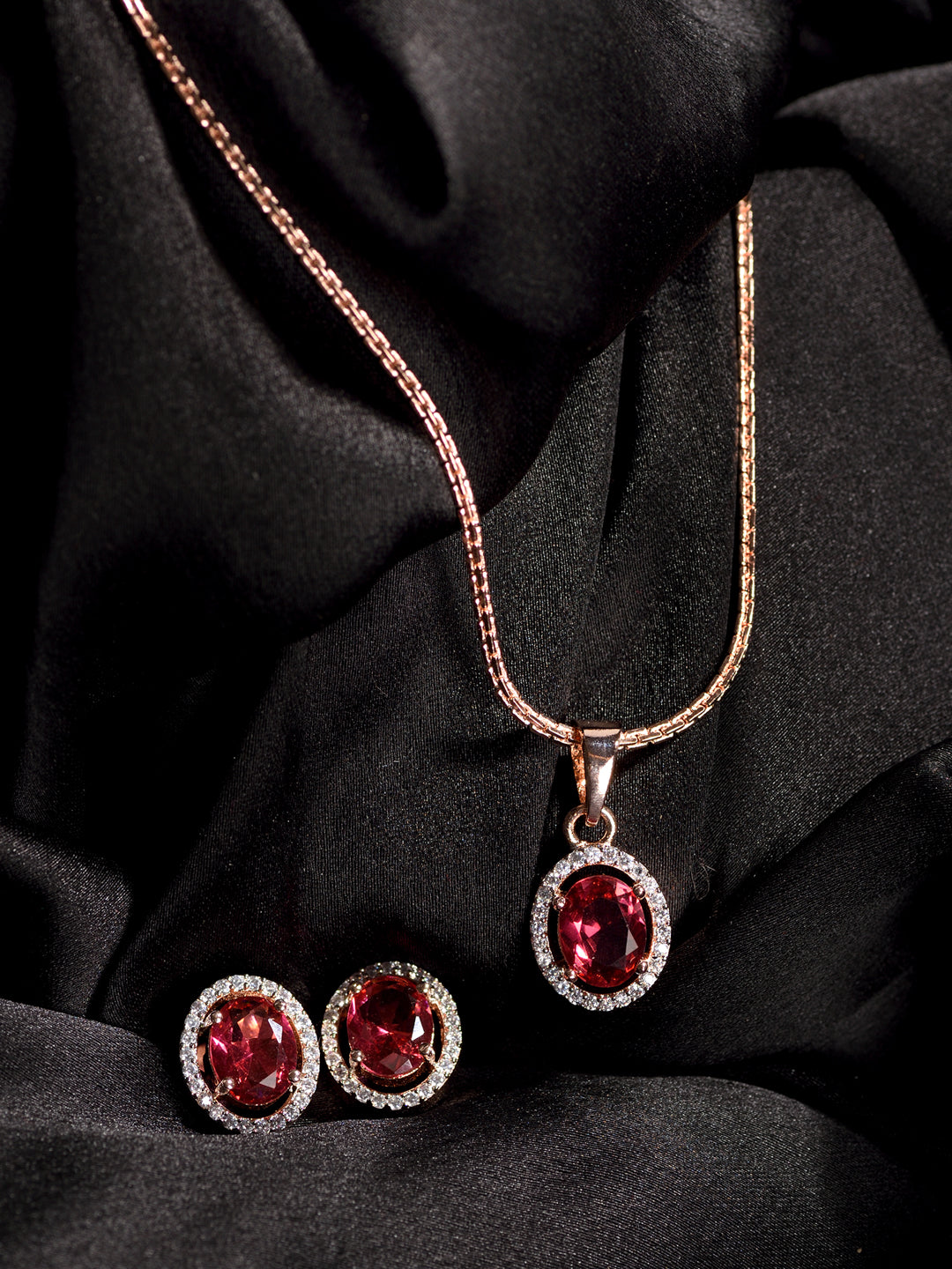 Rose Gold Plated Radiant Red AD Solitaire pendant Locket Set Earrings and Chain, zaveri pearls, sale price rs, sale price, sale gold plated, sale gold, sale, rubans, ring, regular price, priy