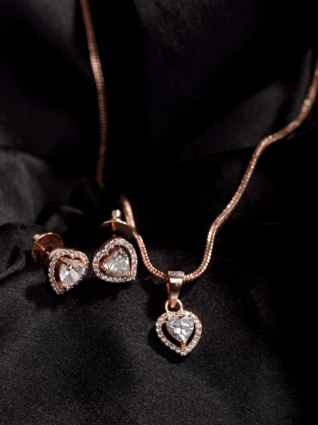 Rose Gold Plated White AD Studded Heart Shaped Pendant Chain and Earrings, zaveri pearls, sale price rs, sale price, sale gold plated, sale gold, sale, rubans, ring, regular price, priyassi j