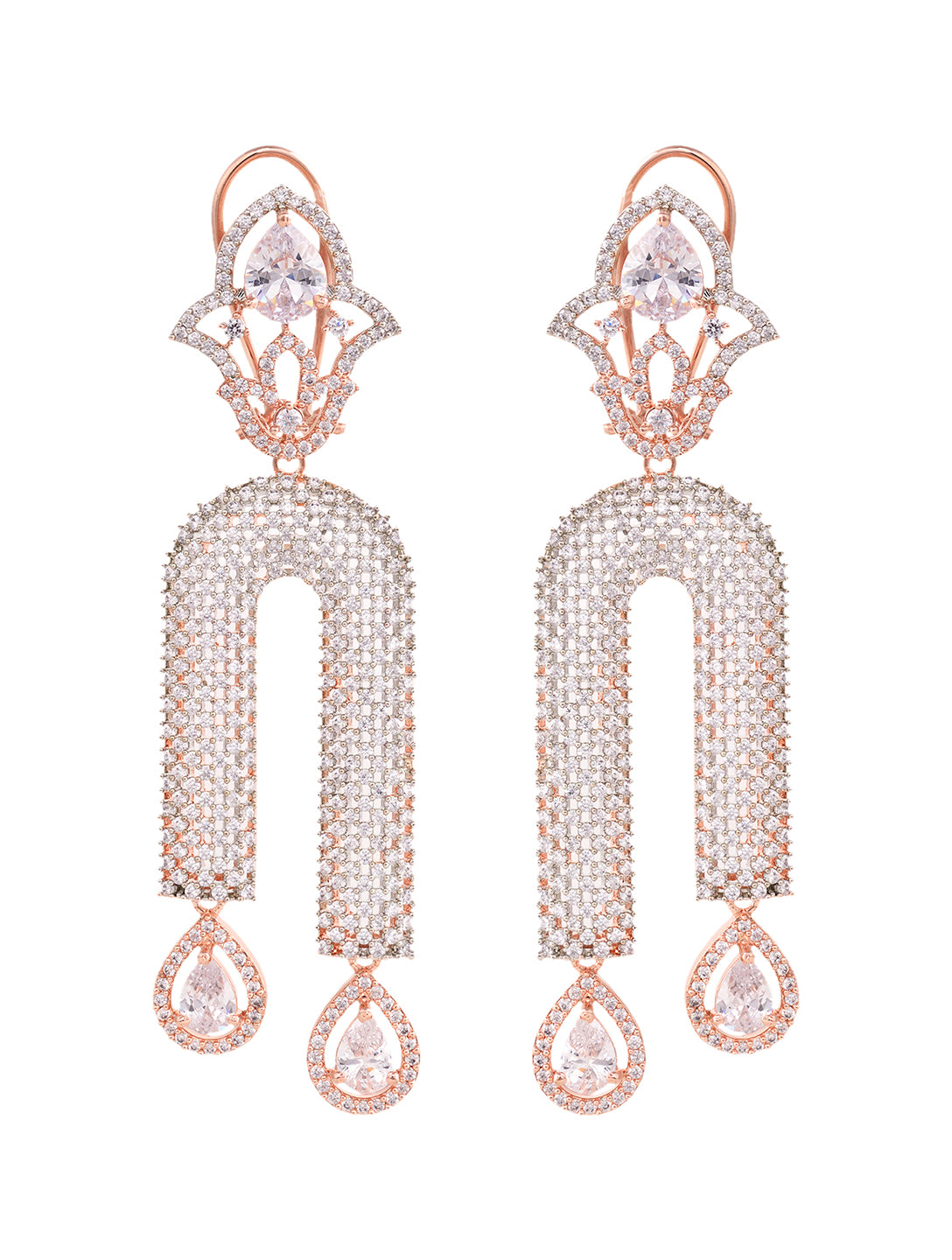Rose Gold Plated White AD stdded Long Designer Dropdown Earrings, zaveri pearls, sale price rs, sale price, sale gold plated, sale gold, sale, rubans, ring, regular price, priyassi jewellery,