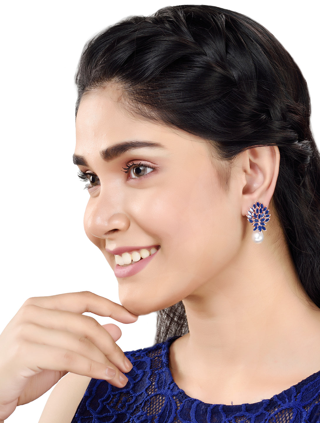 Rose Gold Plated Luxurious Blue AD studded Pearl Drop Earring, zaveri pearls, sale price rs, sale price, sale gold plated, sale gold, sale, rubans, ring, regular price, priyassi jewellery, ku