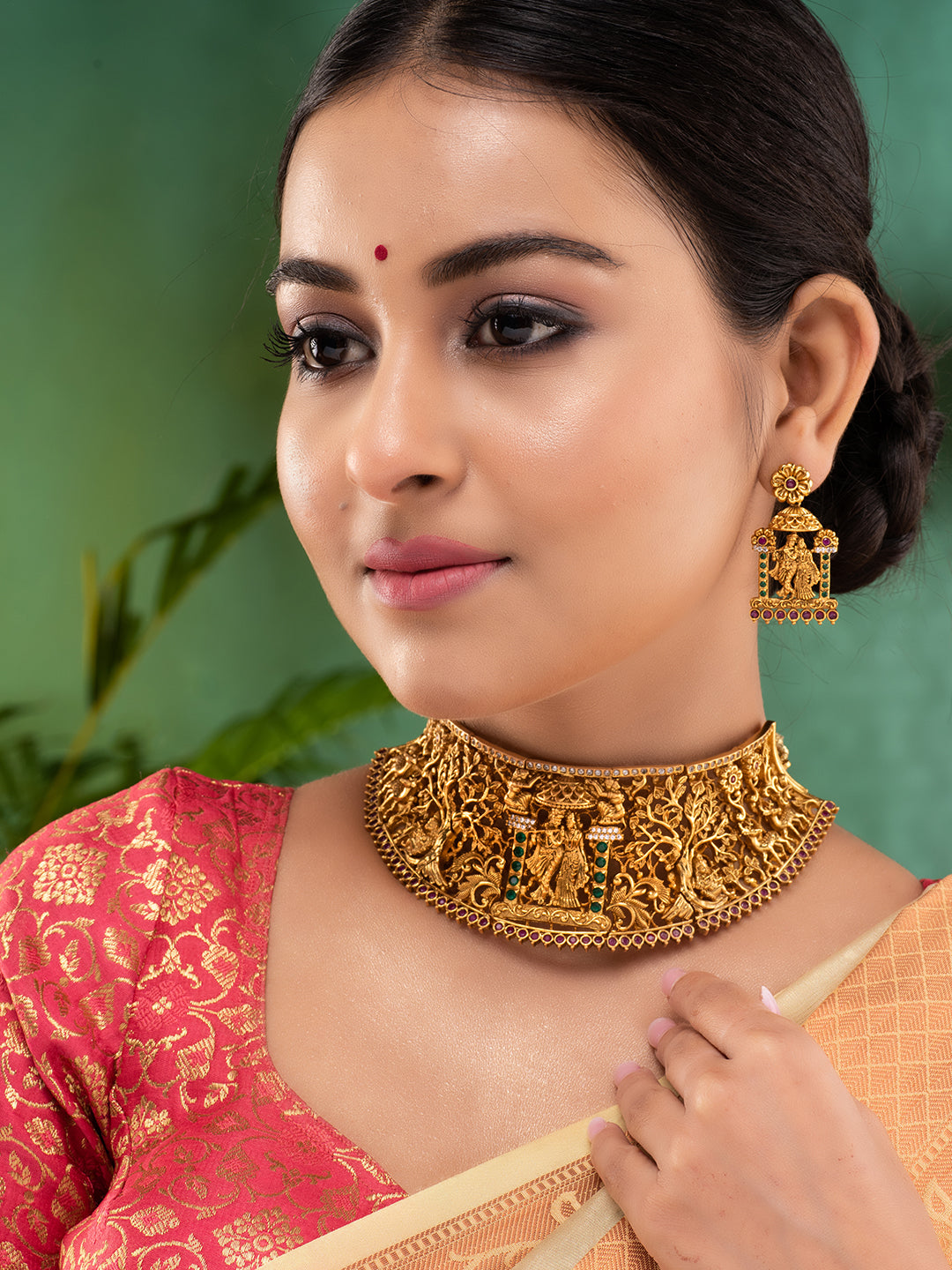 GoldPlated Green AD Studded Radha Krishna Temple Jewellery Set, zaveri pearls, sale price rs, sale price, sale gold plated, sale gold, sale, rubans, ring, regular price, priyassi jewellery, k