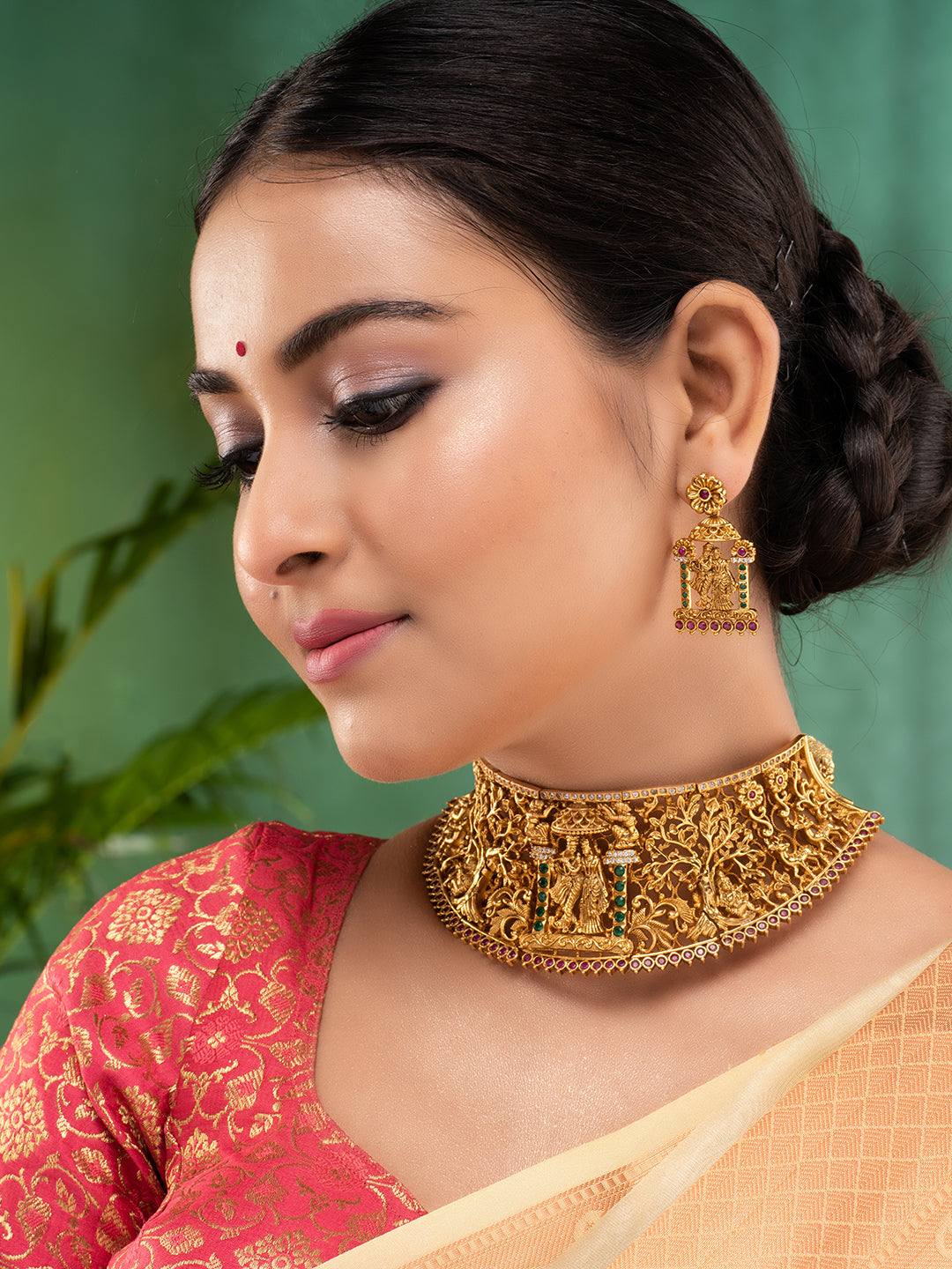 GoldPlated Green AD Studded Radha Krishna Temple Jewellery Set, zaveri pearls, sale price rs, sale price, sale gold plated, sale gold, sale, rubans, ring, regular price, priyassi jewellery, k