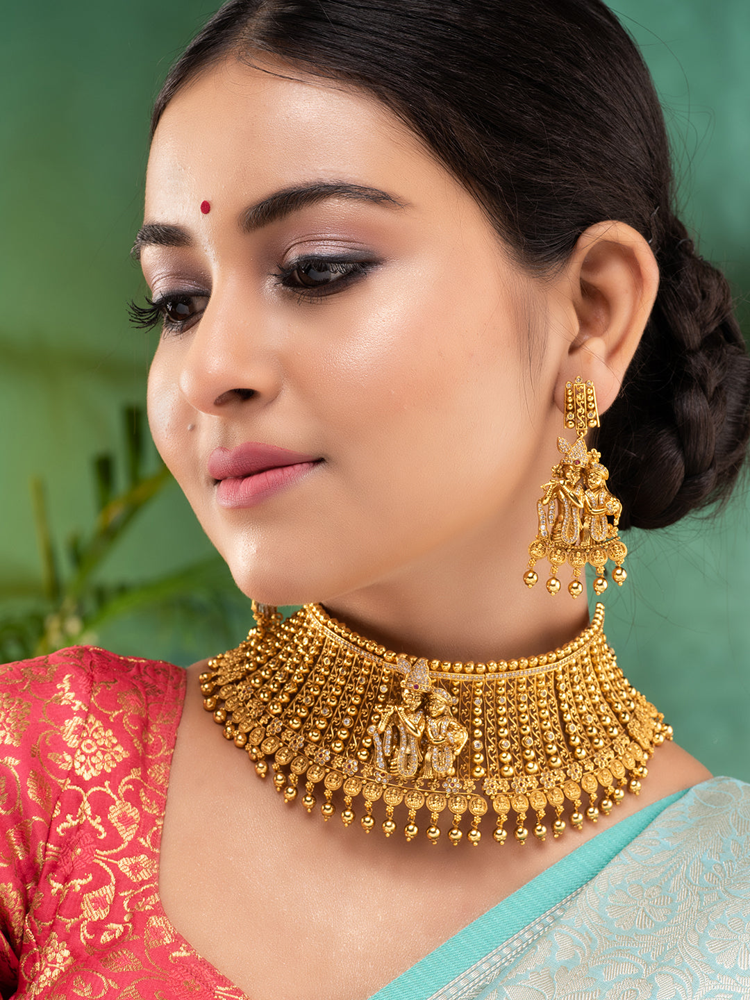 GoldPlated White AD Embellished Temple Radhe Krishna Choker Jewellery Set, zaveri pearls, sale price rs, sale price, sale gold plated, sale gold, sale, rubans, ring, regular price, priyassi j