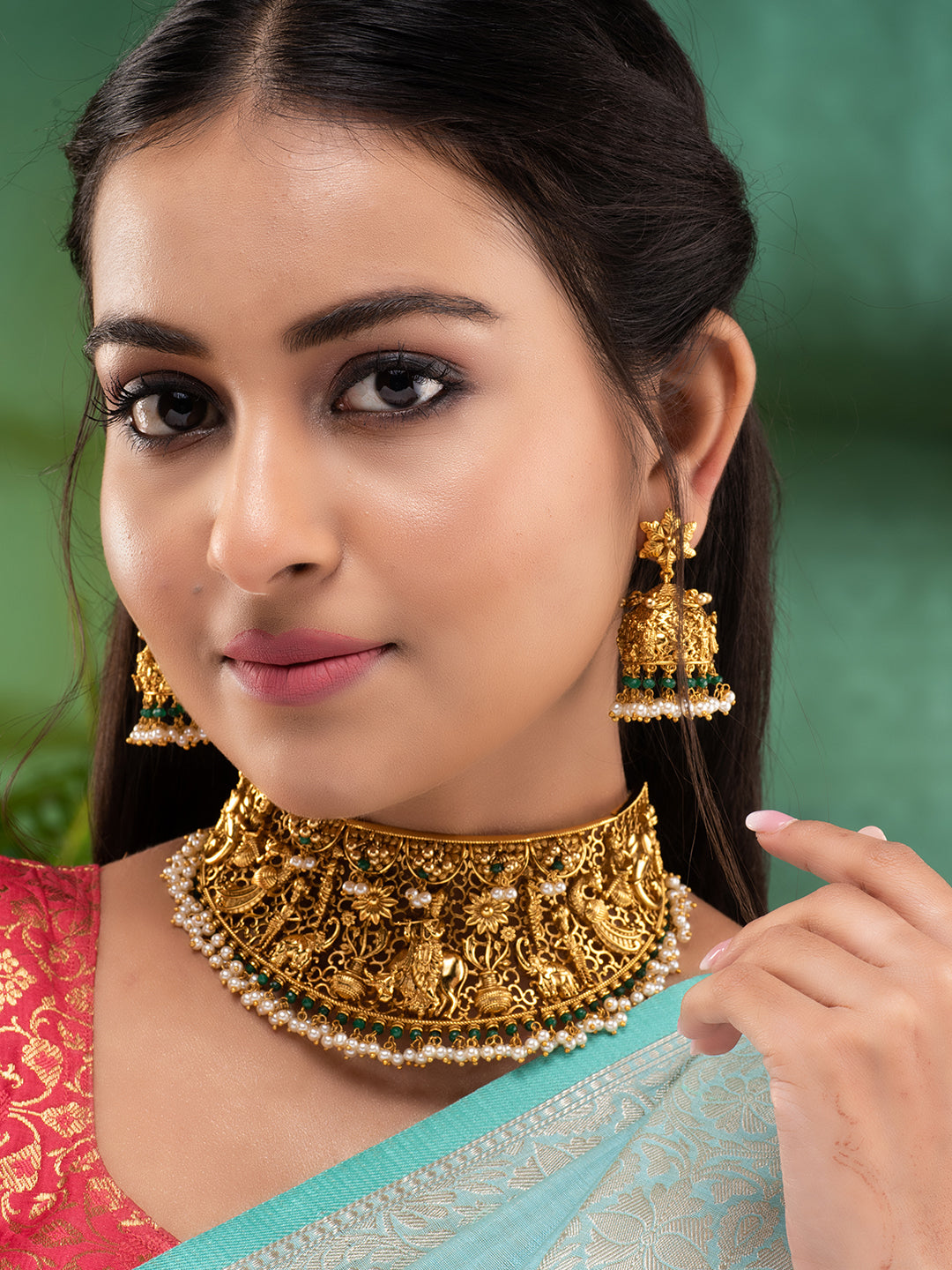 GoldPlated AD Embellished Enchanting Krishna Temple Choker Jewellery Set, zaveri pearls, sale price rs, sale price, sale gold plated, sale gold, sale, rubans, ring, regular price, priyassi je