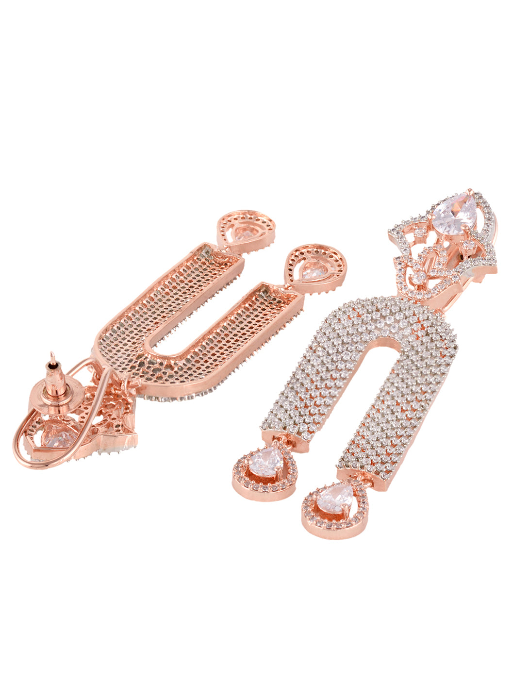 Rose Gold Plated White AD stdded Long Designer Dropdown Earrings, zaveri pearls, sale price rs, sale price, sale gold plated, sale gold, sale, rubans, ring, regular price, priyassi jewellery,