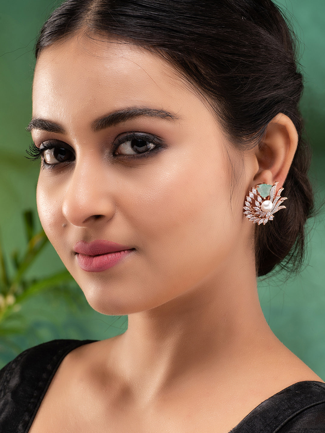 Sea Green Floral Rose GoldPlated Studs Earrings, zaveri pearls, sale price rs, sale price, sale gold plated, sale gold, sale, rubans, ring, regular price, priyassi jewellery, kushal's - Saraf