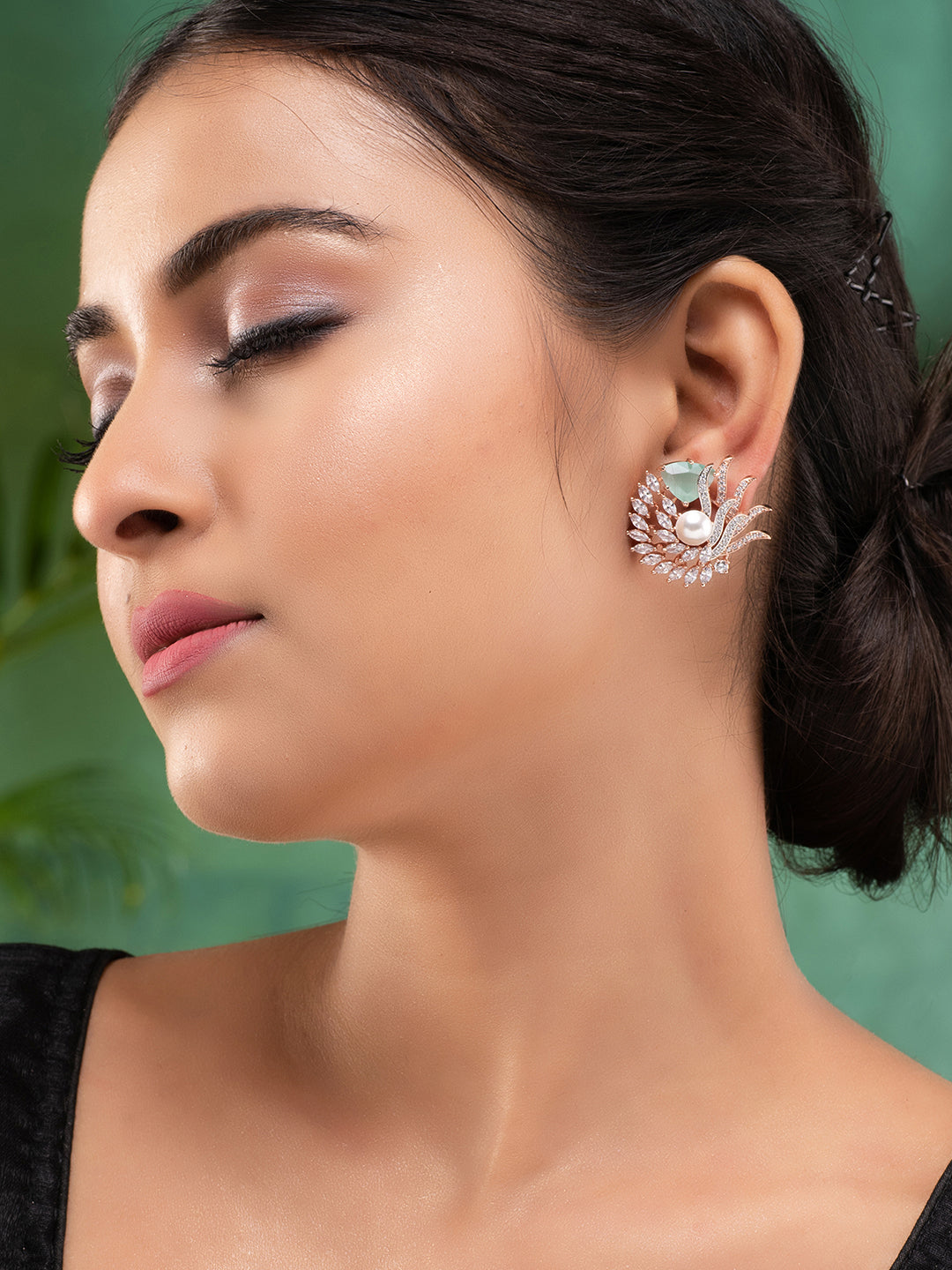 Sea Green Floral Rose GoldPlated Studs Earrings, zaveri pearls, sale price rs, sale price, sale gold plated, sale gold, sale, rubans, ring, regular price, priyassi jewellery, kushal's - Saraf