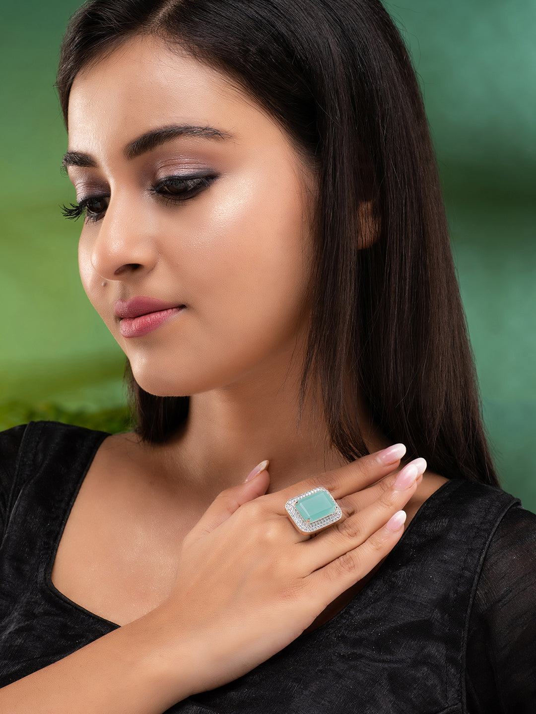 RoseGold Plated Turquoise Blue StoneStudded Adjustable Finger Ring, zaveri pearls, sale price rs, sale price, sale gold plated, sale gold, sale, rubans, ring, regular price, priyassi jeweller