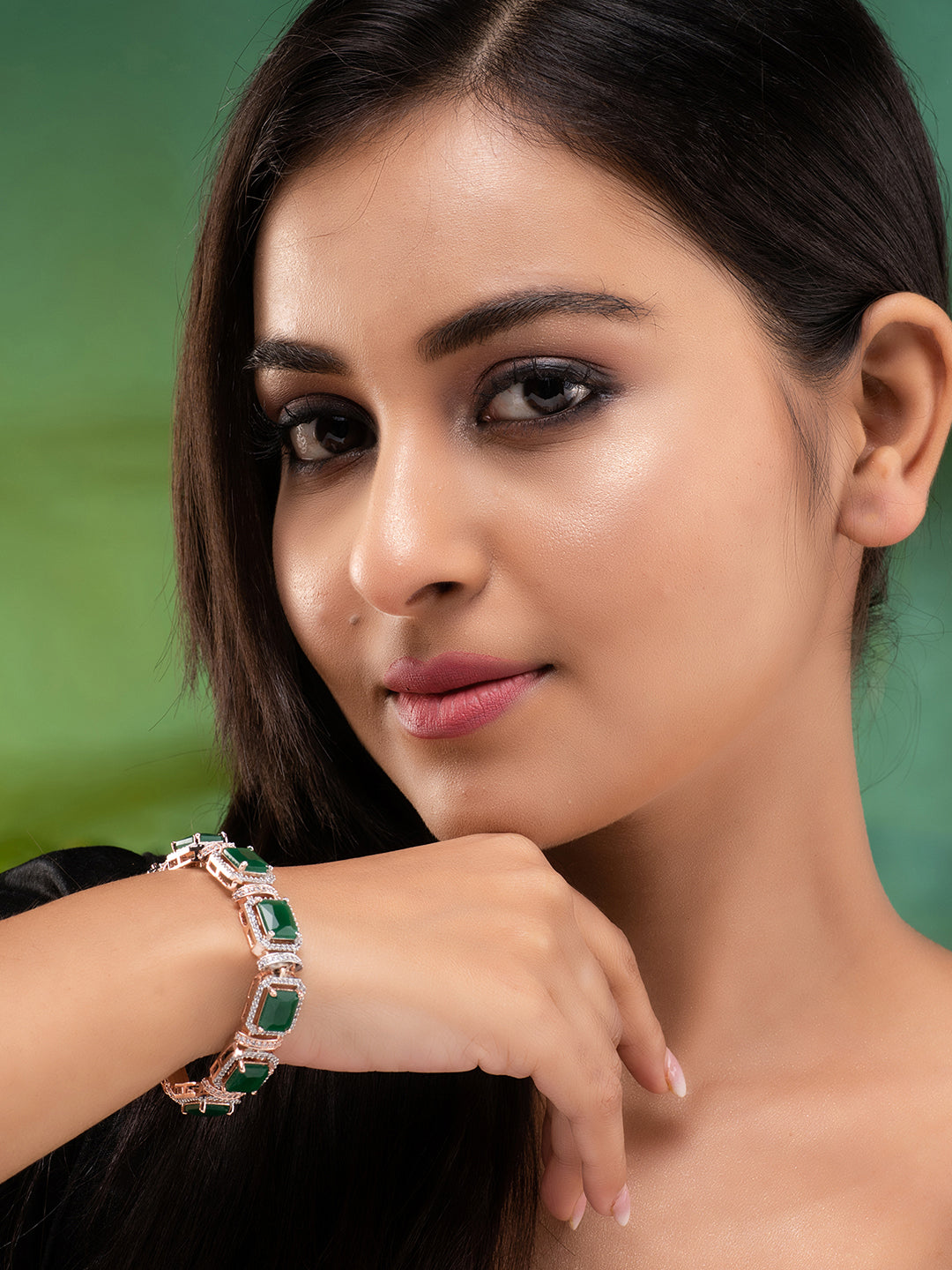 Women Rose Gold & Green Brass AD Handcrafted Rose GoldPlated Link Bracelet, zaveri pearls, sale price rs, sale price, sale gold plated, sale gold, sale, rubans, ring, regular price, priyassi 