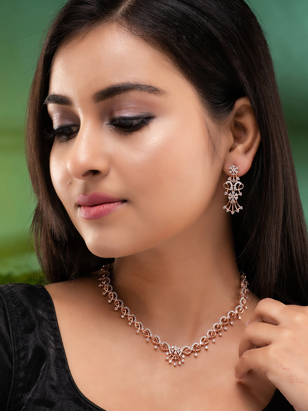 Rose GoldPlated White AD Studded Jewellery Set, zaveri pearls, sale price rs, sale price, sale gold plated, sale gold, sale, rubans, ring, regular price, priyassi jewellery, kushal's - Saraf 