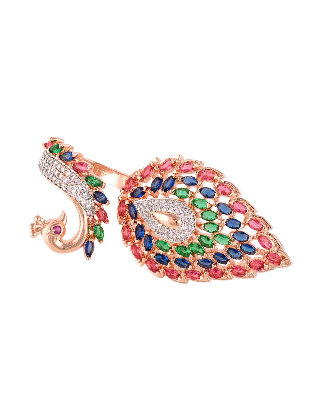 Rose Gold Plated Multi AD studded Peacock Designer Finger Ring, zaveri pearls, sale price rs, sale price, sale gold plated, sale gold, sale, rubans, ring, regular price, priyassi jewellery, k