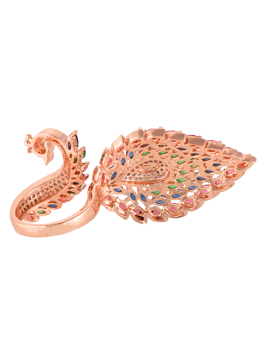 Rose Gold Plated Multi AD studded Peacock Designer Finger Ring, zaveri pearls, sale price rs, sale price, sale gold plated, sale gold, sale, rubans, ring, regular price, priyassi jewellery, k