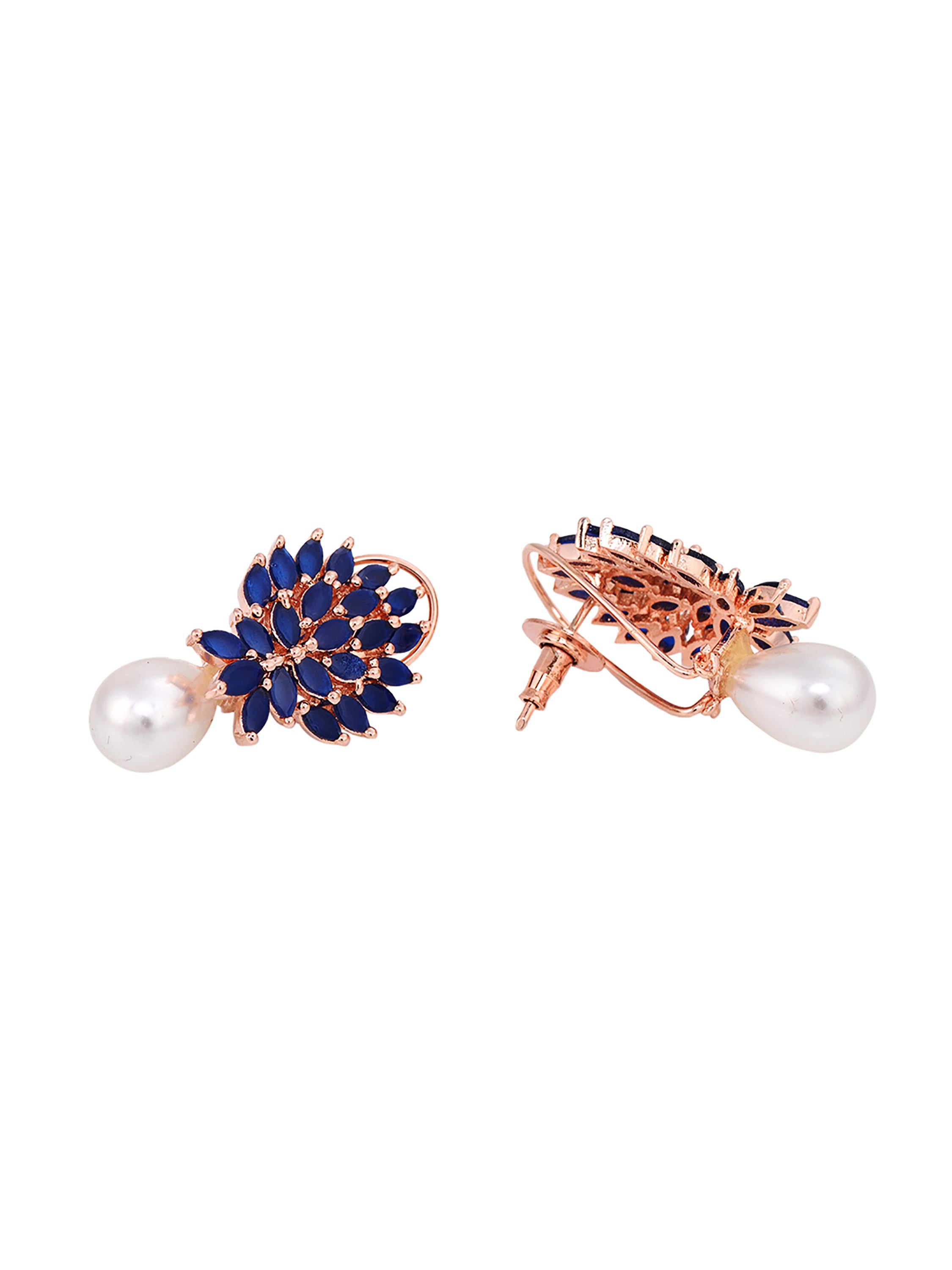 Rose Gold Plated Luxurious Blue AD studded Pearl Drop Earring, zaveri pearls, sale price rs, sale price, sale gold plated, sale gold, sale, rubans, ring, regular price, priyassi jewellery, ku