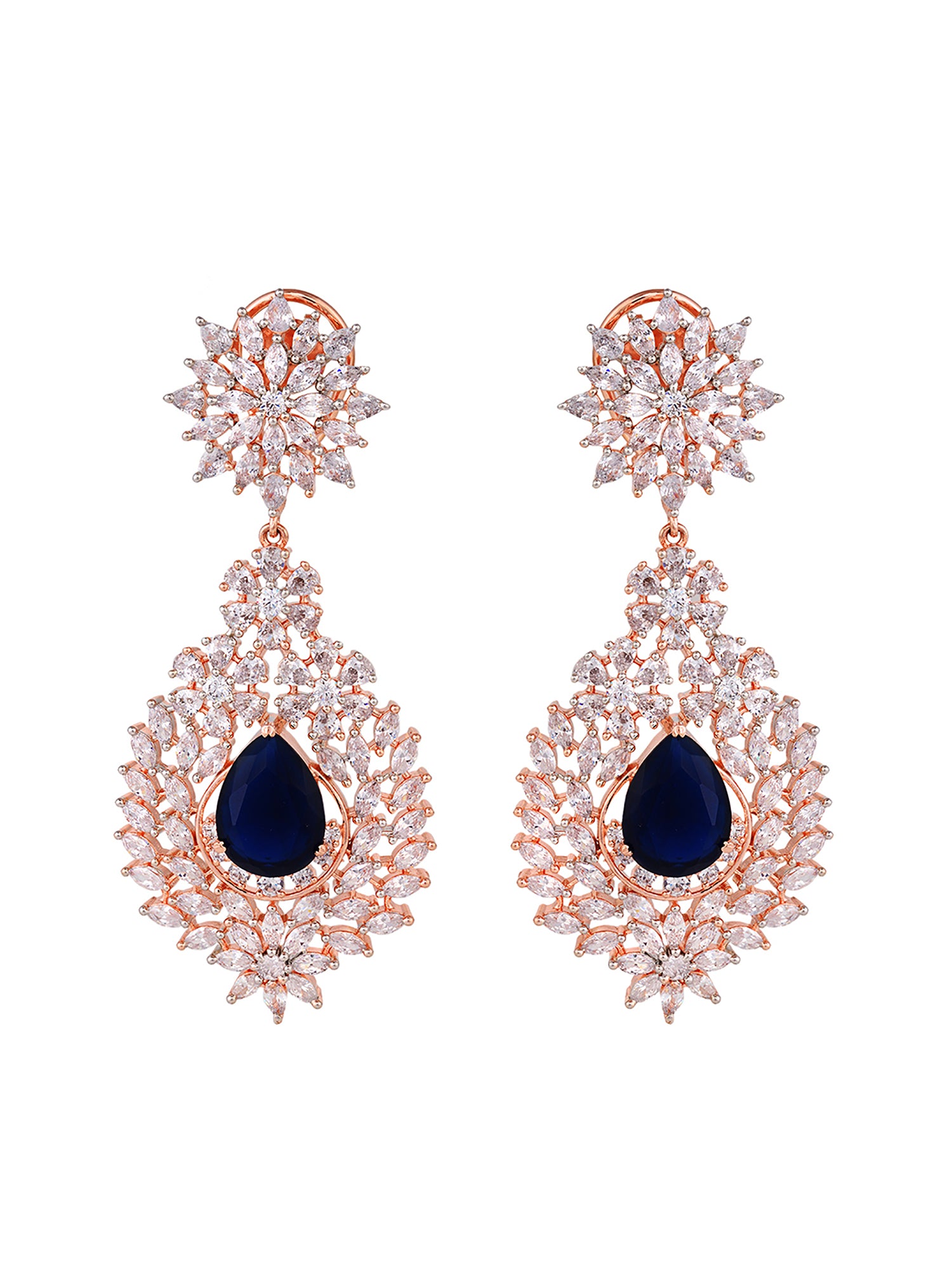 Rose Gold Plated Blue AD studded Drop Earrings, zaveri pearls, sale price rs, sale price, sale gold plated, sale gold, sale, rubans, ring, regular price, priyassi jewellery, kushal's - Saraf 