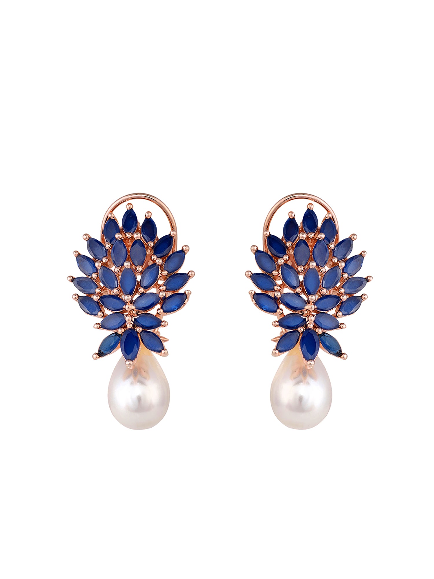 Rose Gold Plated Luxurious Blue AD studded Pearl Drop Earring, zaveri pearls, sale price rs, sale price, sale gold plated, sale gold, sale, rubans, ring, regular price, priyassi jewellery, ku