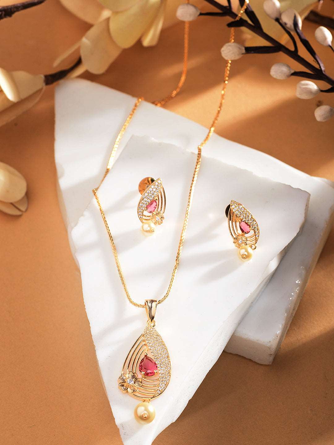 Gold Plated Ruby Studded Floral Locket jewellery Set, zaveri pearls, sale price rs, sale price, sale gold plated, sale gold, sale, rubans, ring, regular price, priyassi jewellery, kushal's - 