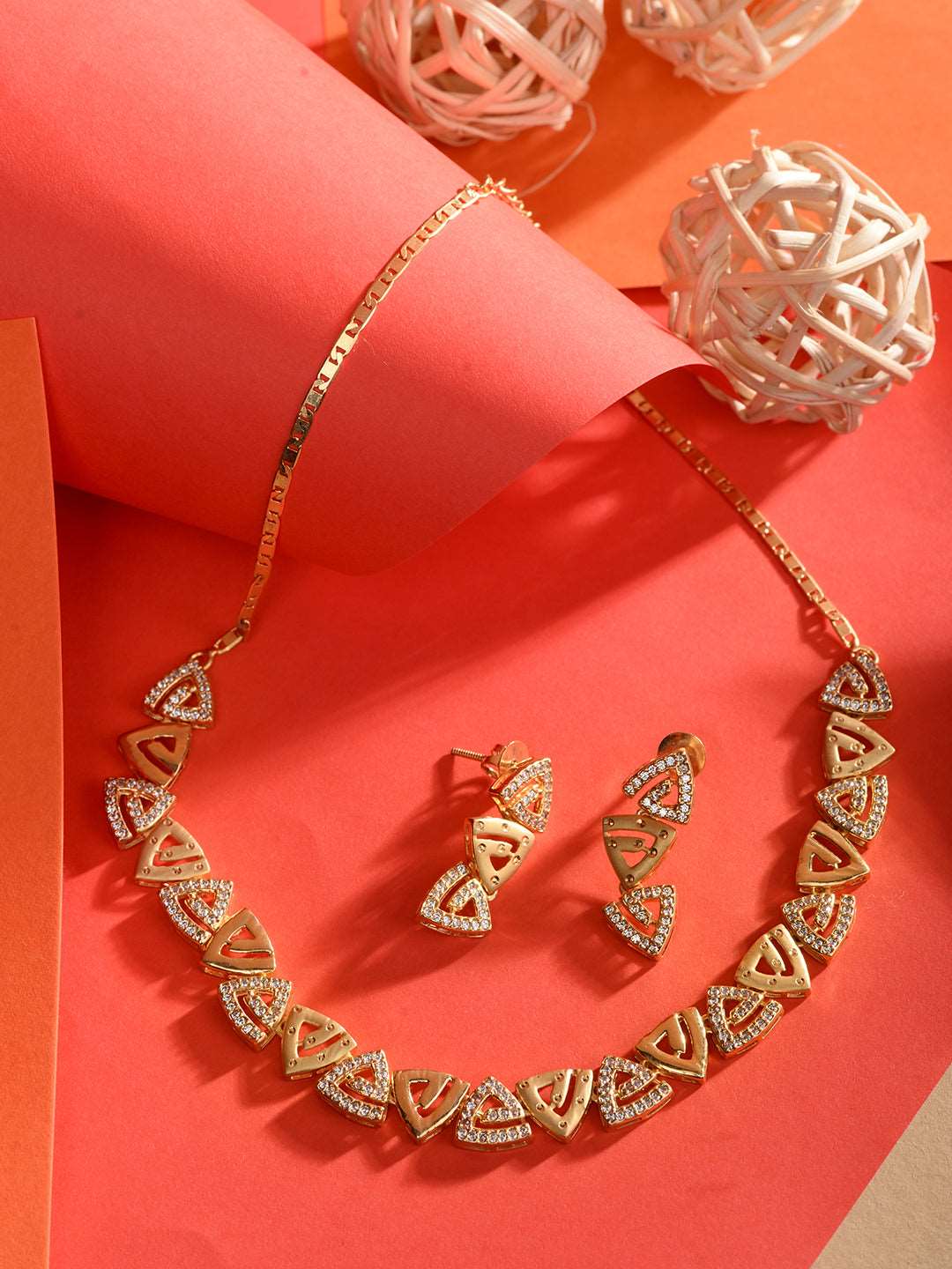 Gold Plated AD Studded Triangle shaped Handcrafted Necklace Jewellery Set, zaveri pearls, sale price rs, sale price, sale gold plated, sale gold, sale, rubans, ring, regular price, priyassi j